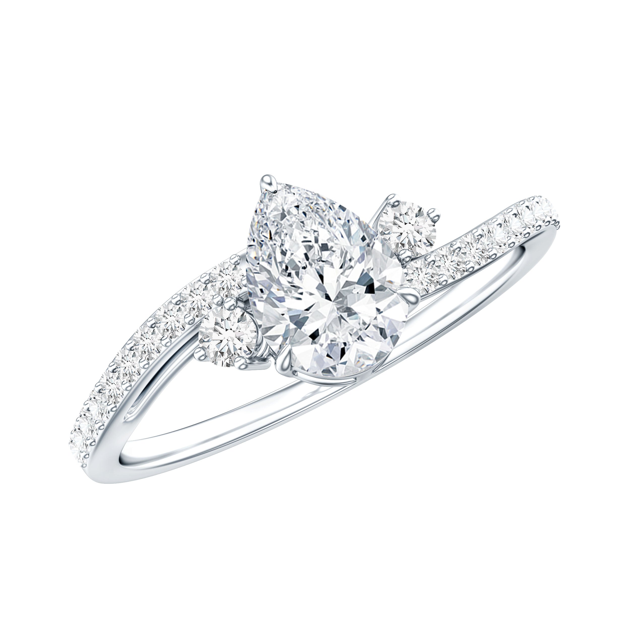 Pear Cut Moissanite Bypass Engagement Ring with Side Stones D-VS1 - Rosec Jewels