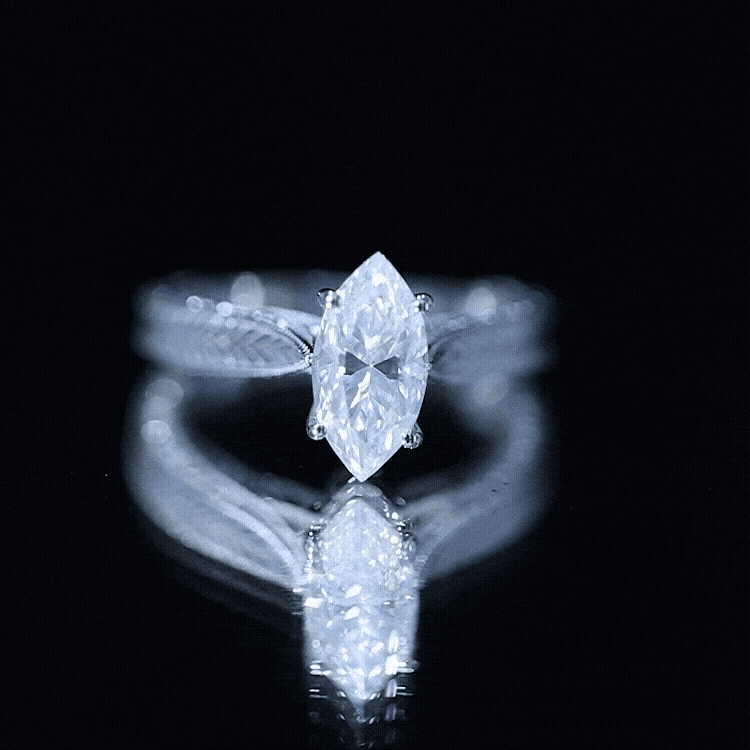 5x10mm Moissanite Marquise Engagement Ring with Leaf Engraved Shank D-VS1 - Rosec Jewels