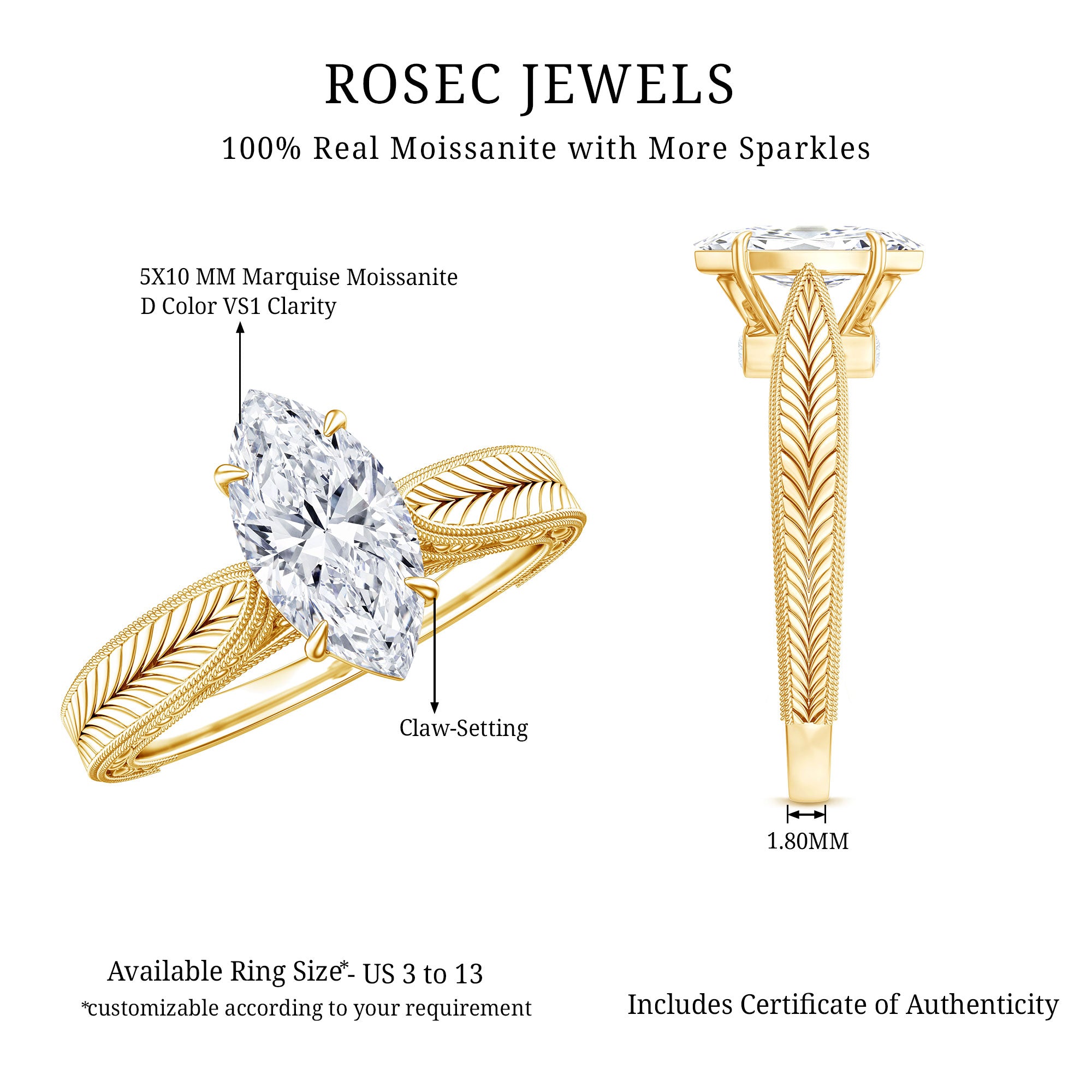 5x10mm Moissanite Marquise Engagement Ring with Leaf Engraved Shank D-VS1 - Rosec Jewels