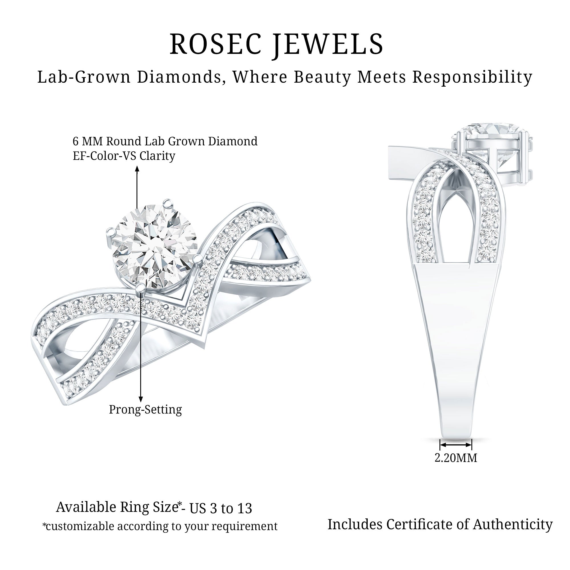 Rosec Jewels-Certified Lab Grown Diamond Designer Solitaire Engagement Ring