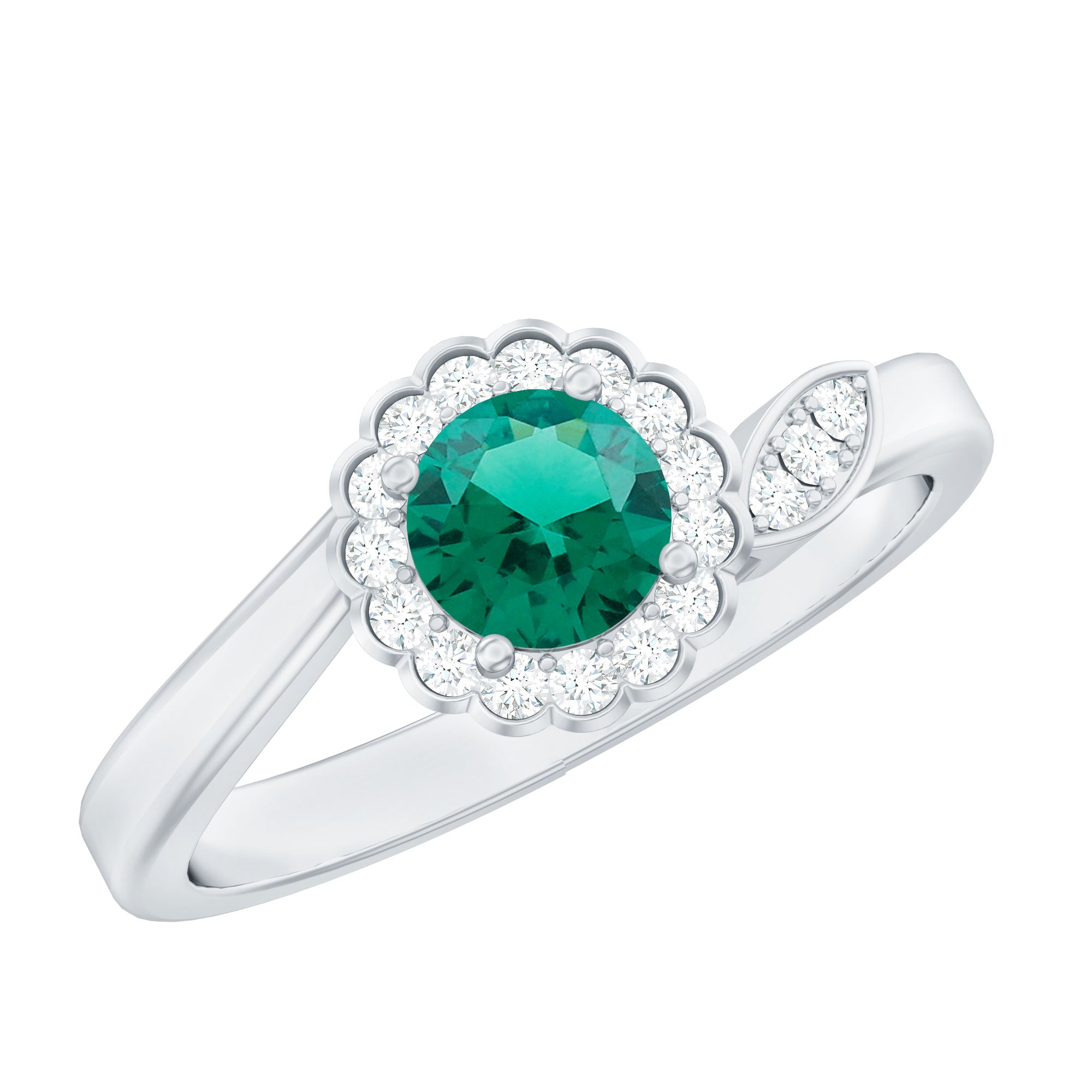 Nature Inspired Lab Grown Emerald Promise Ring with Diamond Halo AAAA - Rosec Jewels