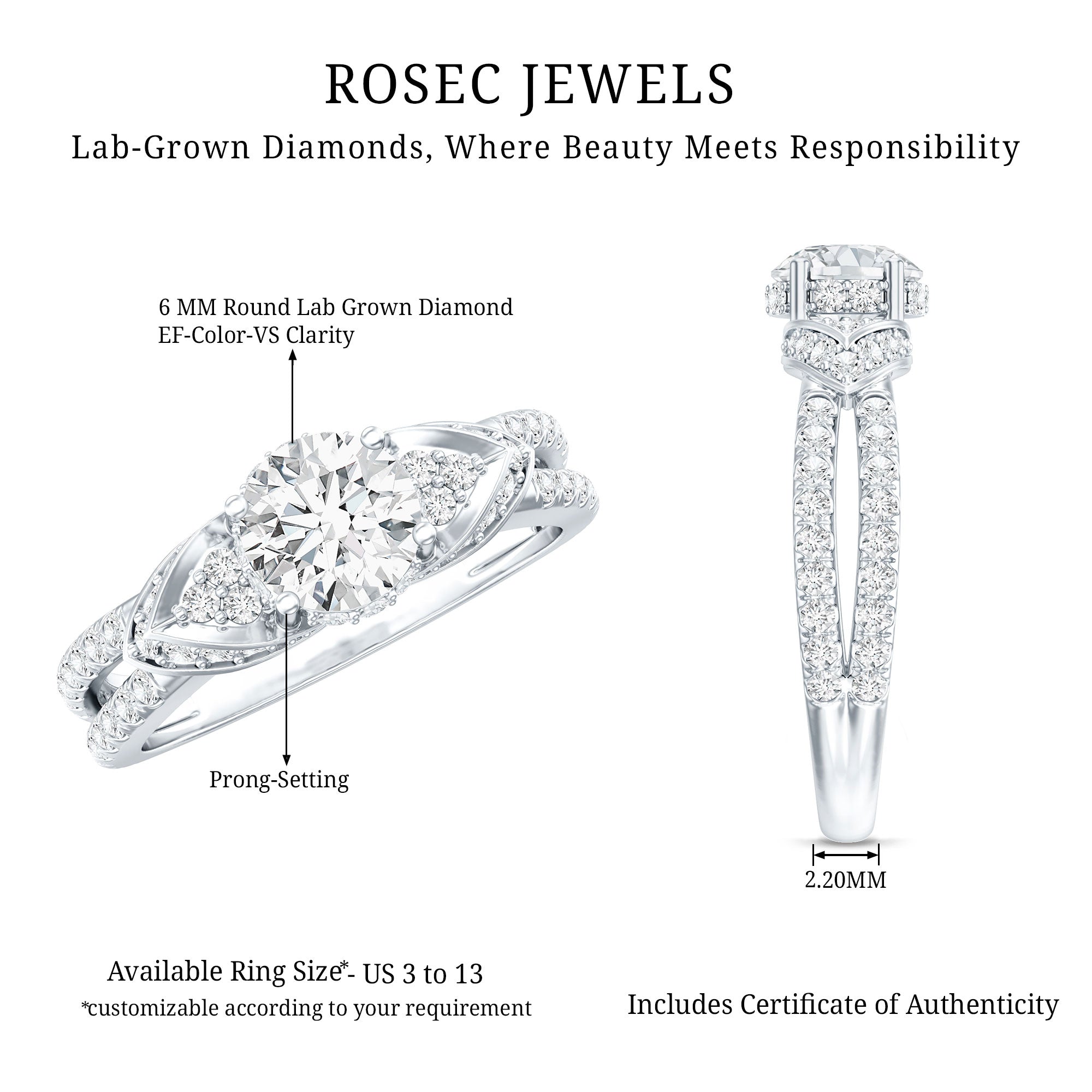 Rosec Jewels-Lab Grown Diamond Round Engagement Ring With Side Stone