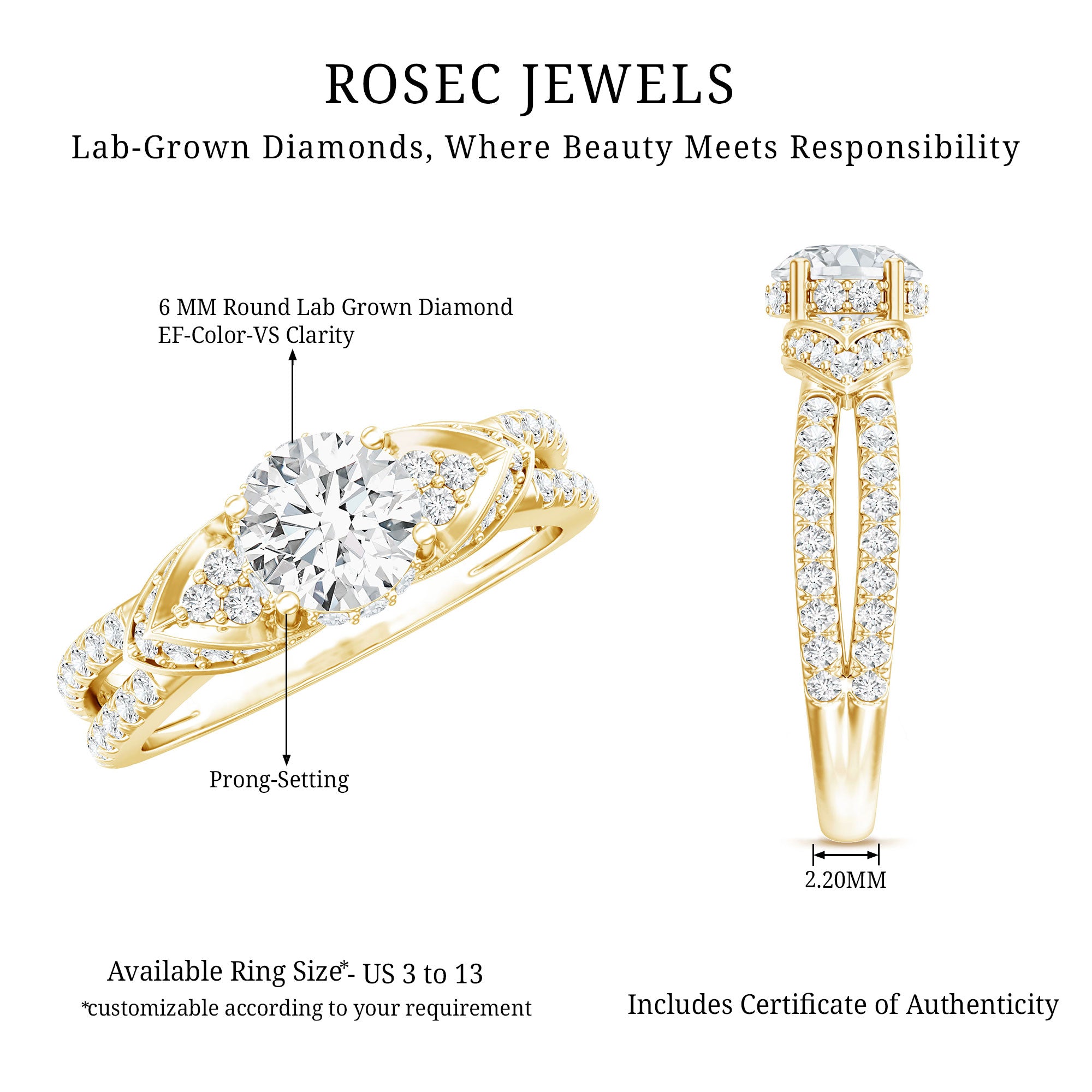 Rosec Jewels-Lab Grown Diamond Round Engagement Ring With Side Stone