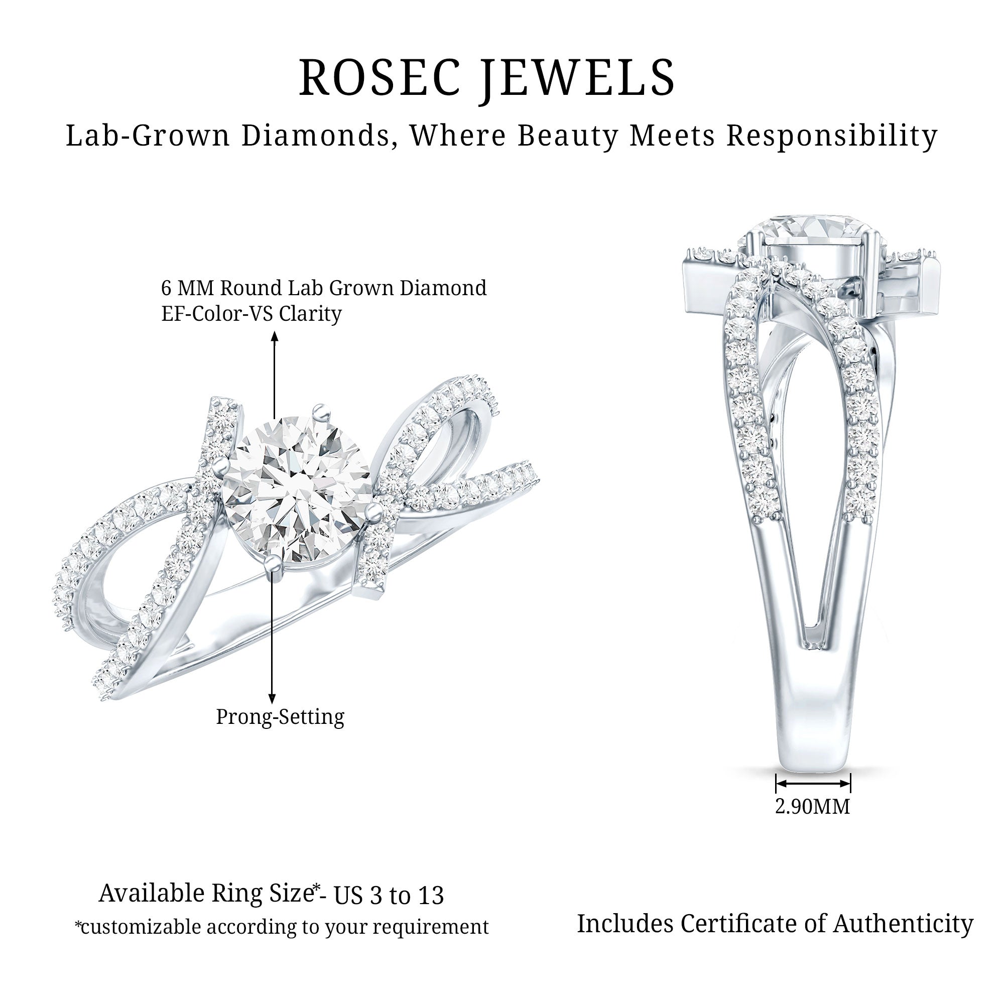 Certified Lab Grown Diamond Bypass Engagement Ring Lab - ( EF-VS ) - Rosec Jewels