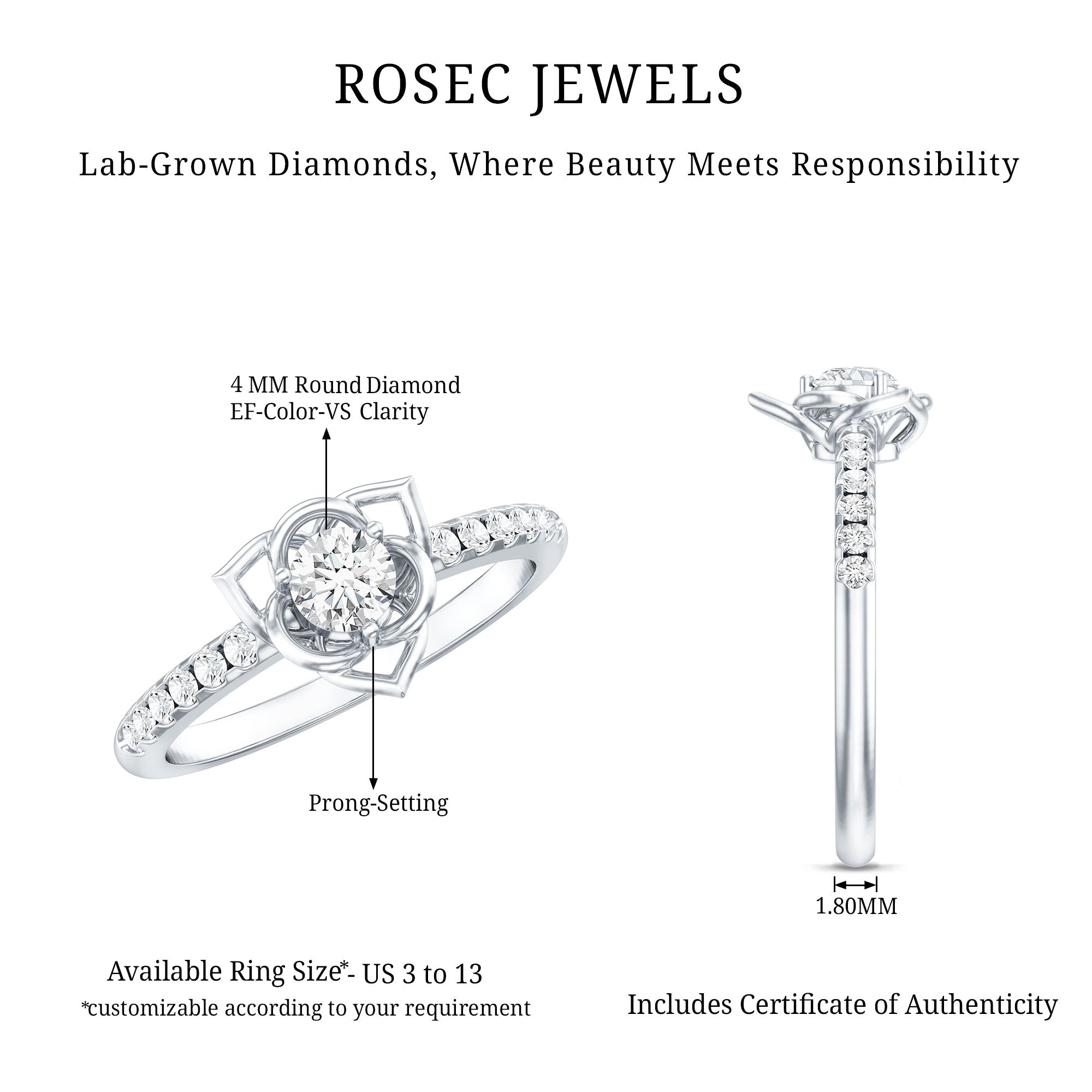 Certified Lab Grown Diamond Flower Promise Ring Lab - ( EF-VS ) - Rosec Jewels