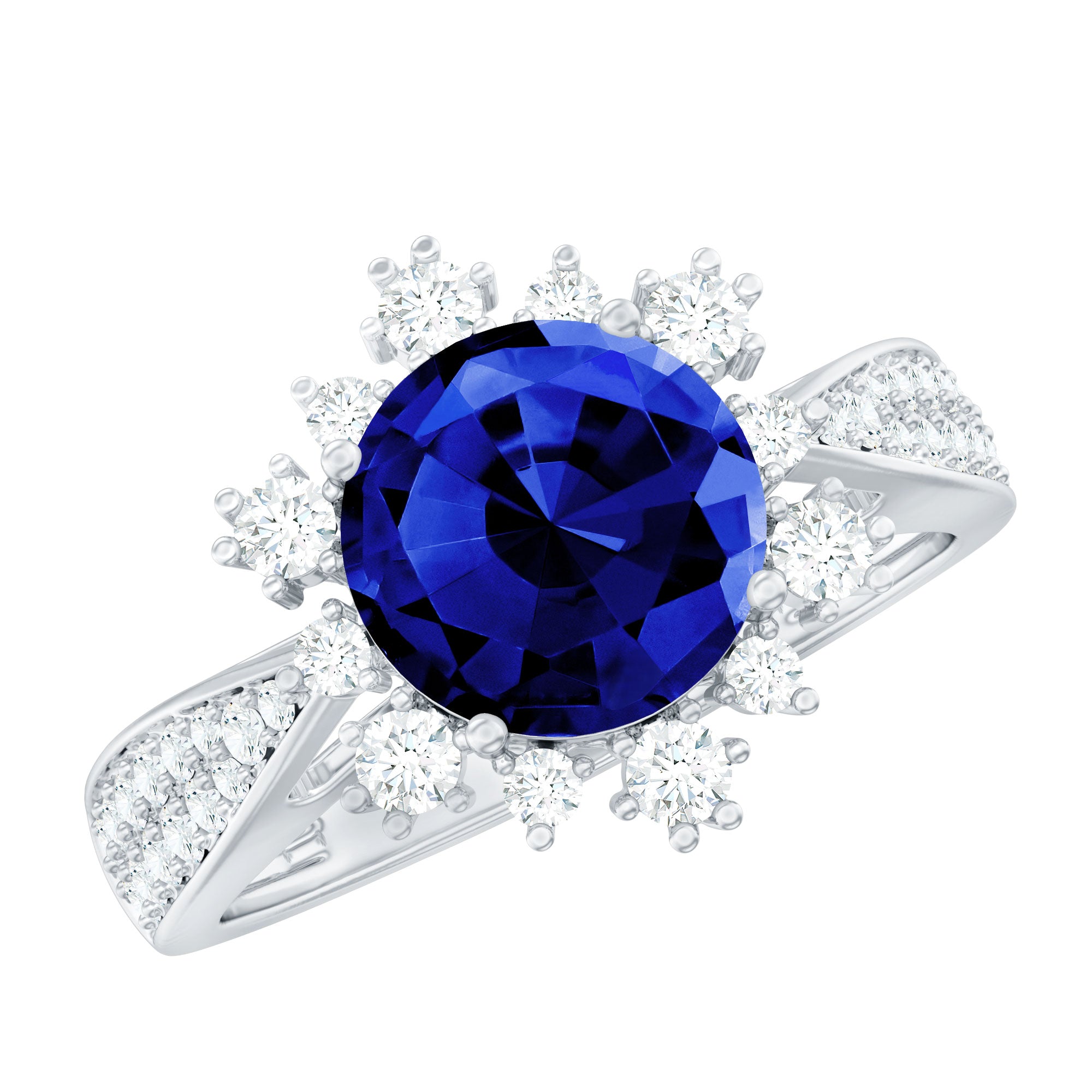 Lab Grown Blue Sapphire Round Engagement Ring with Diamond Accent AAAA - Rosec Jewels