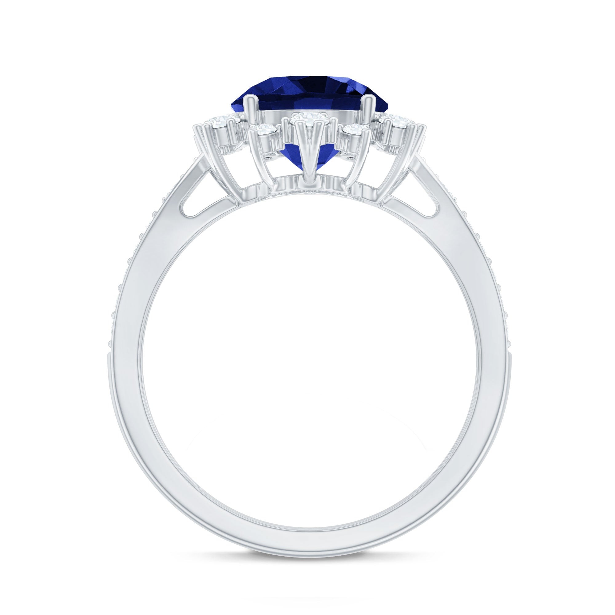 Lab Grown Blue Sapphire Round Engagement Ring with Diamond Accent AAAA - Rosec Jewels