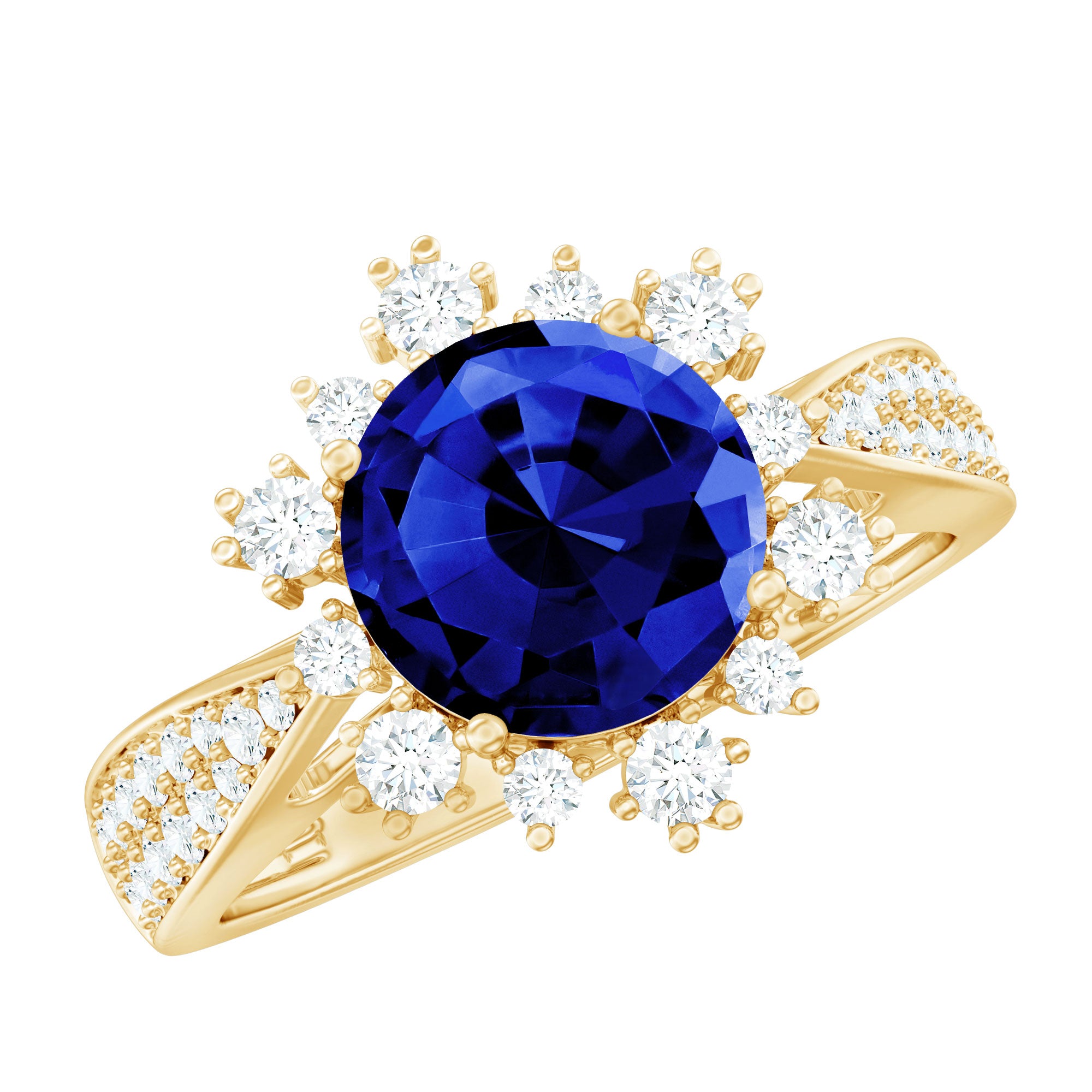 Lab Grown Blue Sapphire Round Engagement Ring with Diamond Accent AAAA - Rosec Jewels