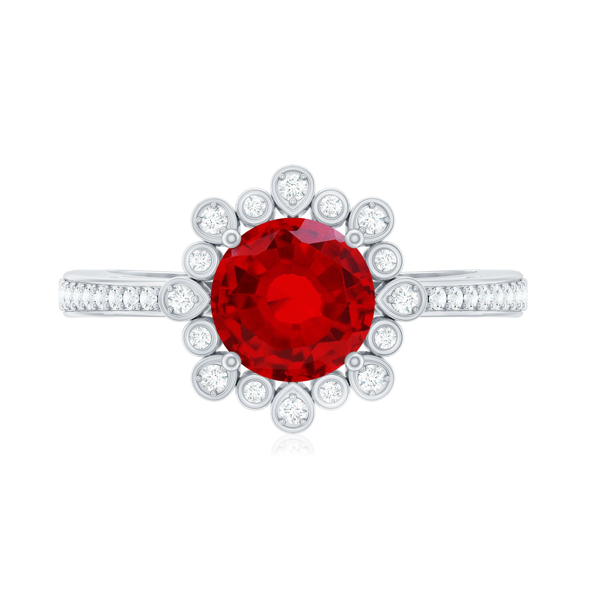 Vintage Style Lab Created Ruby and Diamond Halo Engagement Ring AAAA - Rosec Jewels