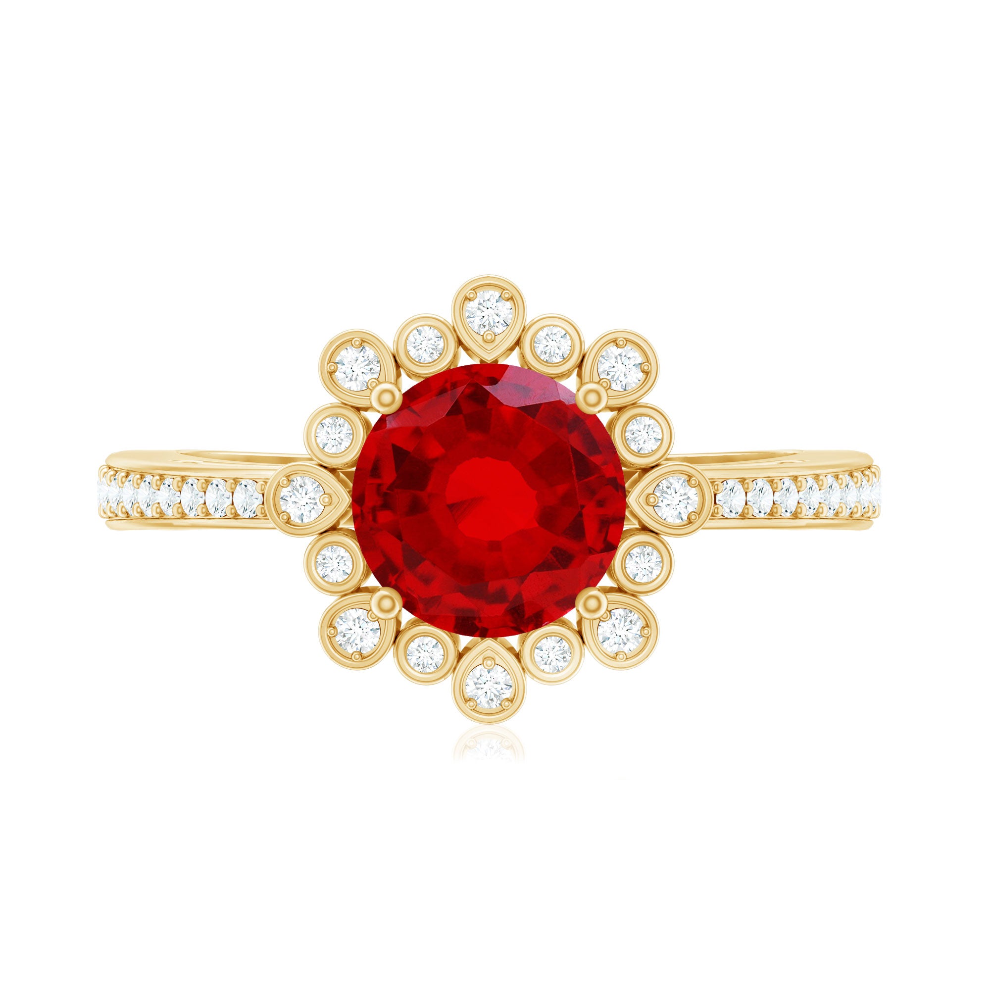 Vintage Style Lab Created Ruby and Diamond Halo Engagement Ring AAAA - Rosec Jewels
