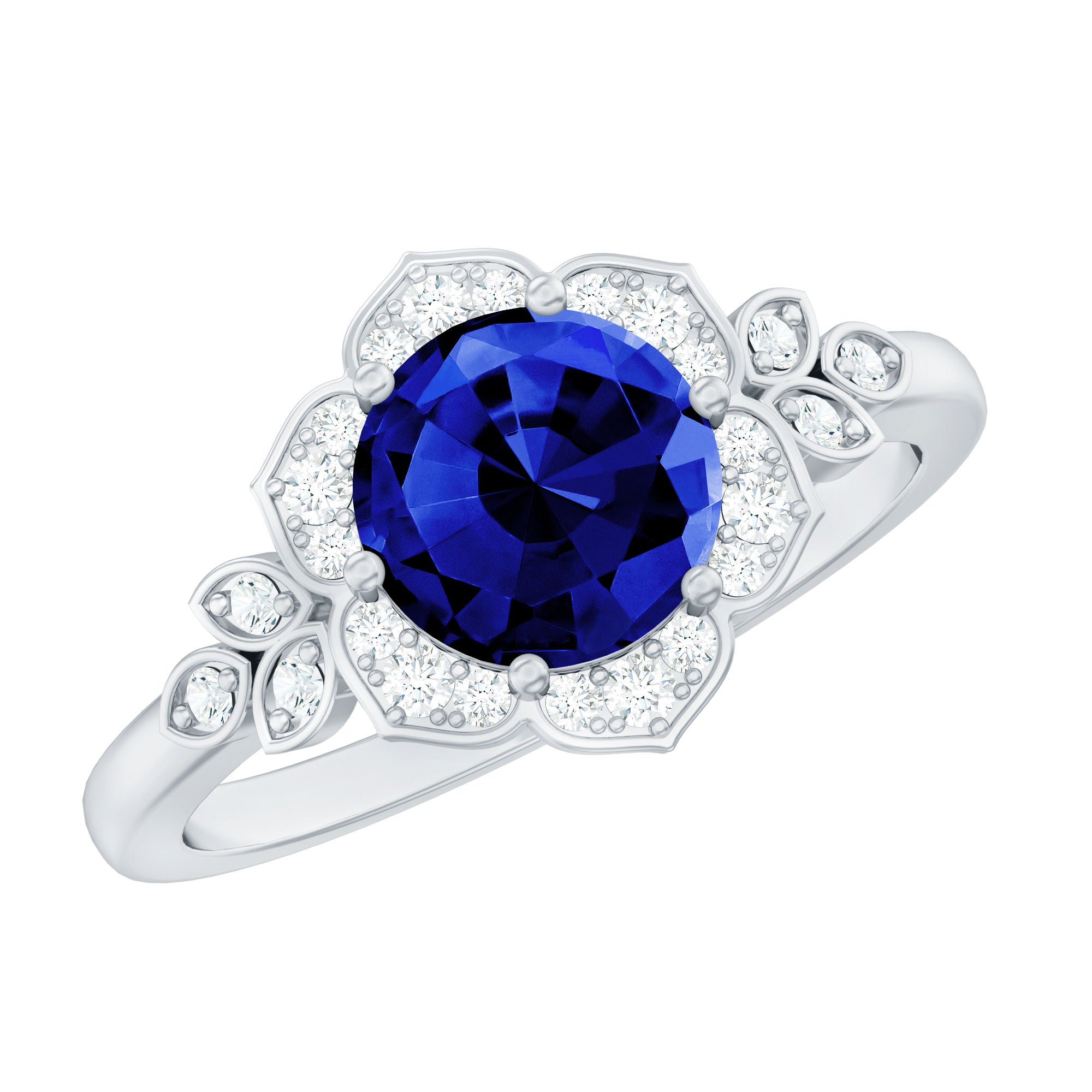 Round Created Blue Sapphire Flower Engagement Ring with Diamond AAAA - Rosec Jewels