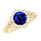Round Created Blue Sapphire Flower Engagement Ring with Diamond AAAA - Rosec Jewels