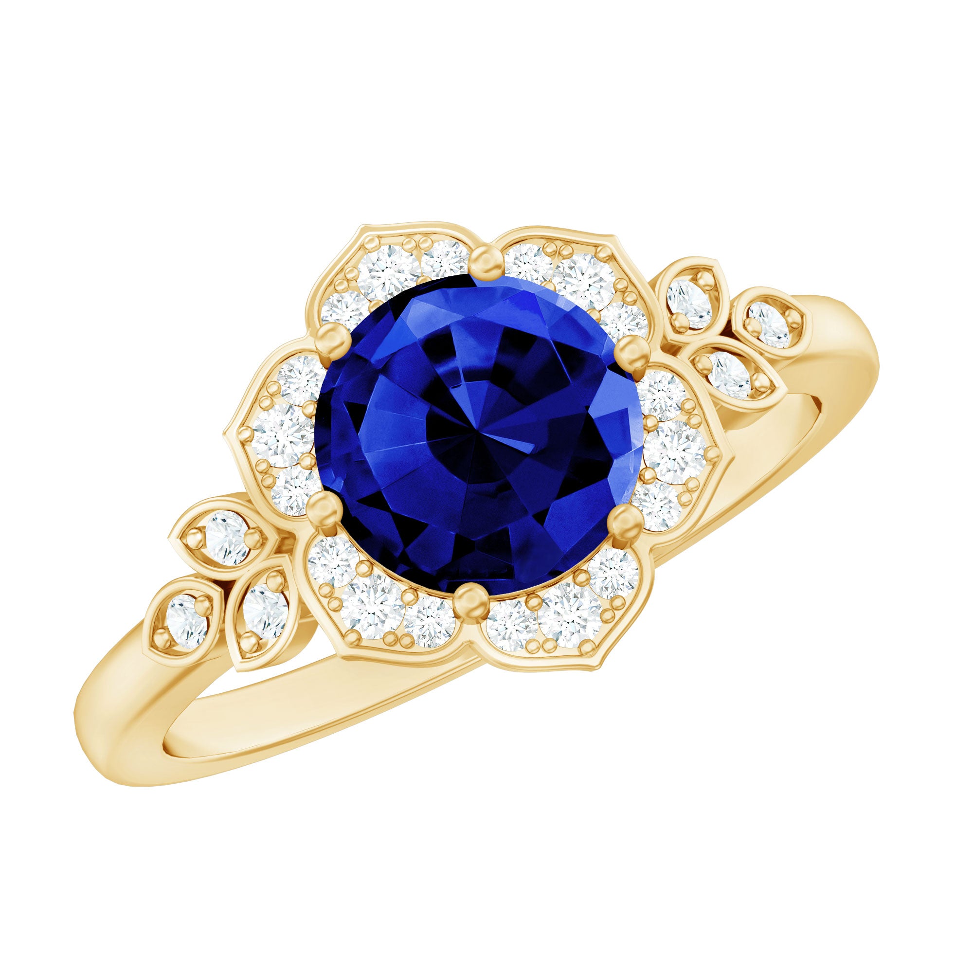 Round Created Blue Sapphire Flower Engagement Ring with Diamond AAAA - Rosec Jewels
