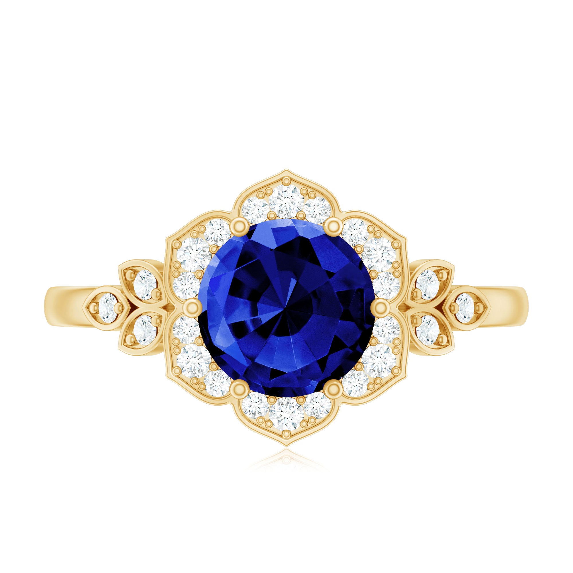 Round Created Blue Sapphire Flower Engagement Ring with Diamond AAAA - Rosec Jewels