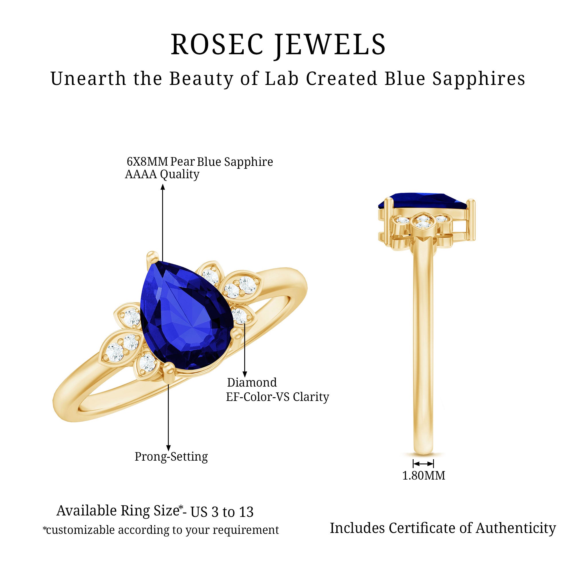 Rosec Jewels-Certified Lab Grown Blue Sapphire Teardrop Engagement Ring with Diamonds
