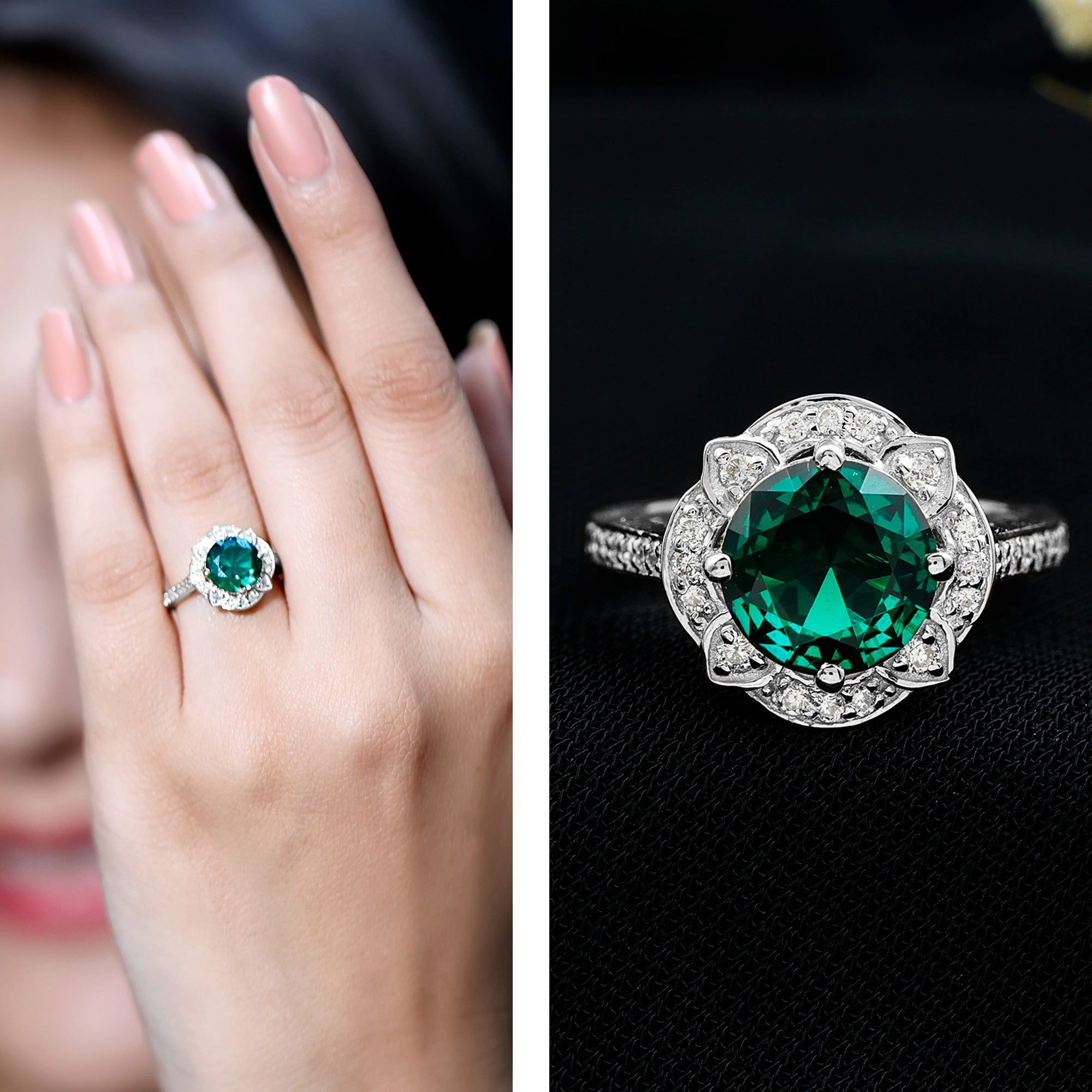 2 Carat Lab Grown Emerald Vintage Inspired Engagement Ring with Diamond AAAA - Rosec Jewels