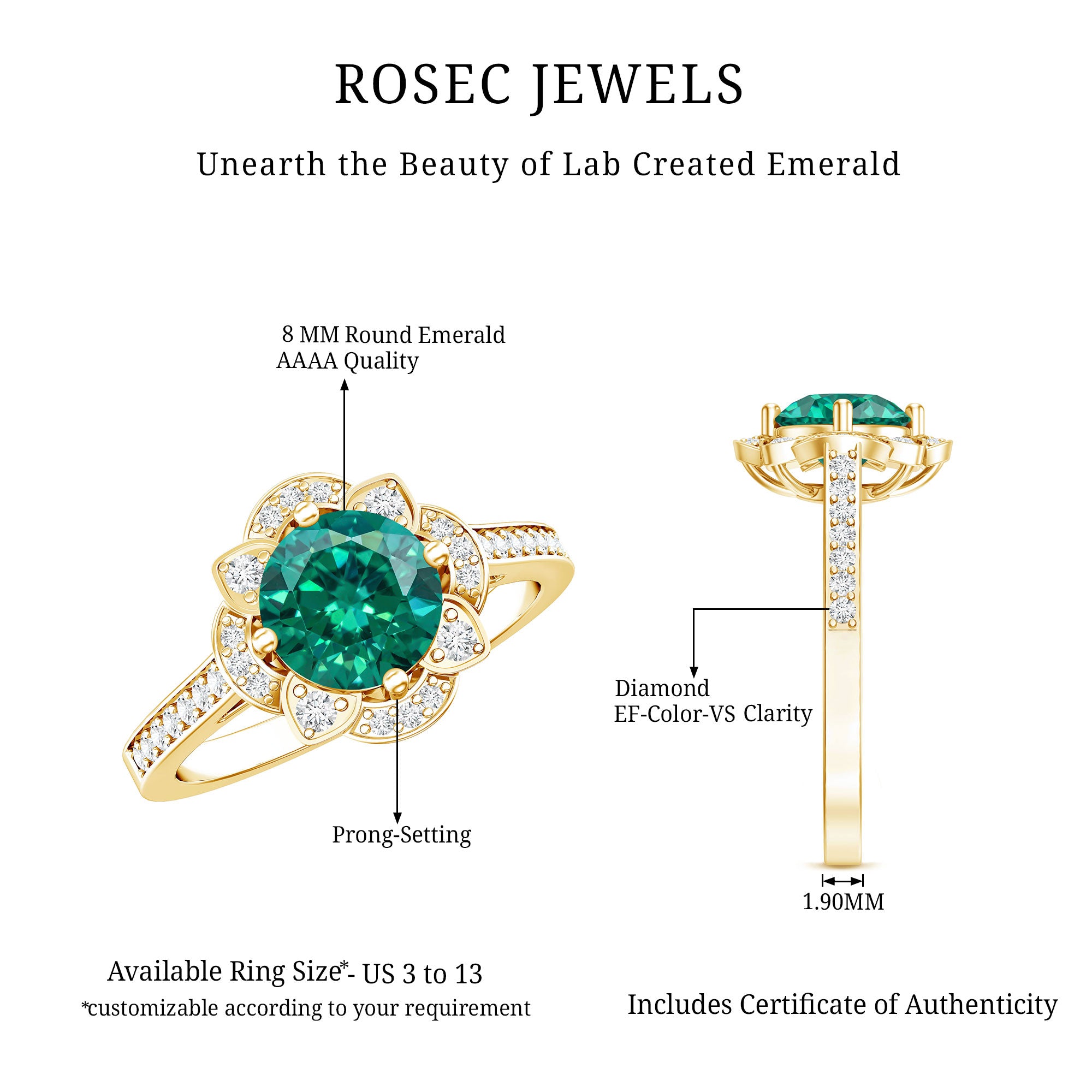 2 Carat Lab Grown Emerald Vintage Inspired Engagement Ring with Diamond AAAA - Rosec Jewels