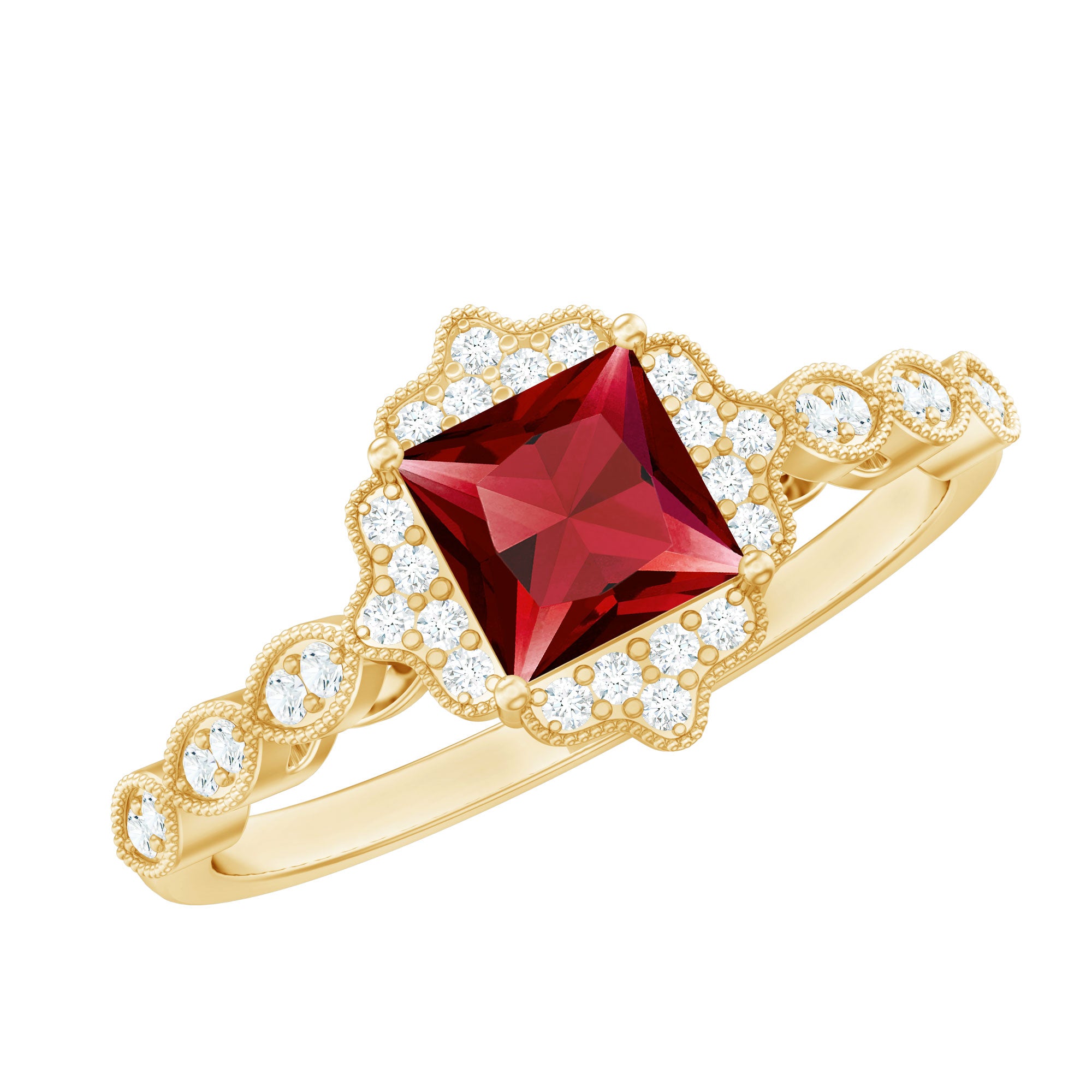 Certified Lab Created Ruby Square Cut Engagement Ring with Diamonds AAAA - Rosec Jewels