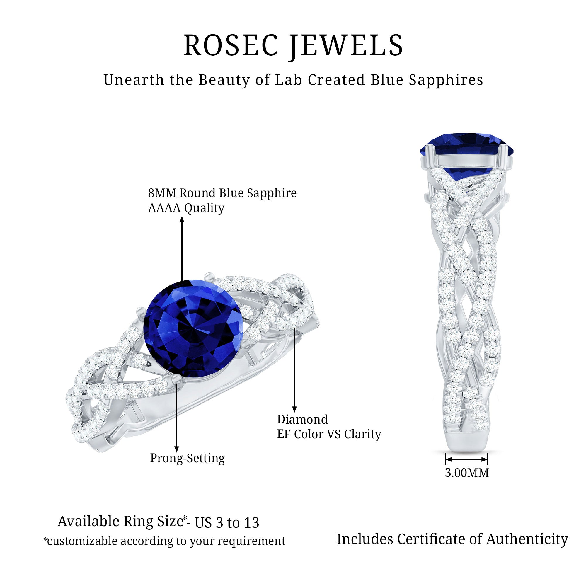 Designer 2.7 Carat Lab Grown Blue Sapphire Engagement Ring with Diamond Criss Cross Shank AAAA - Rosec Jewels