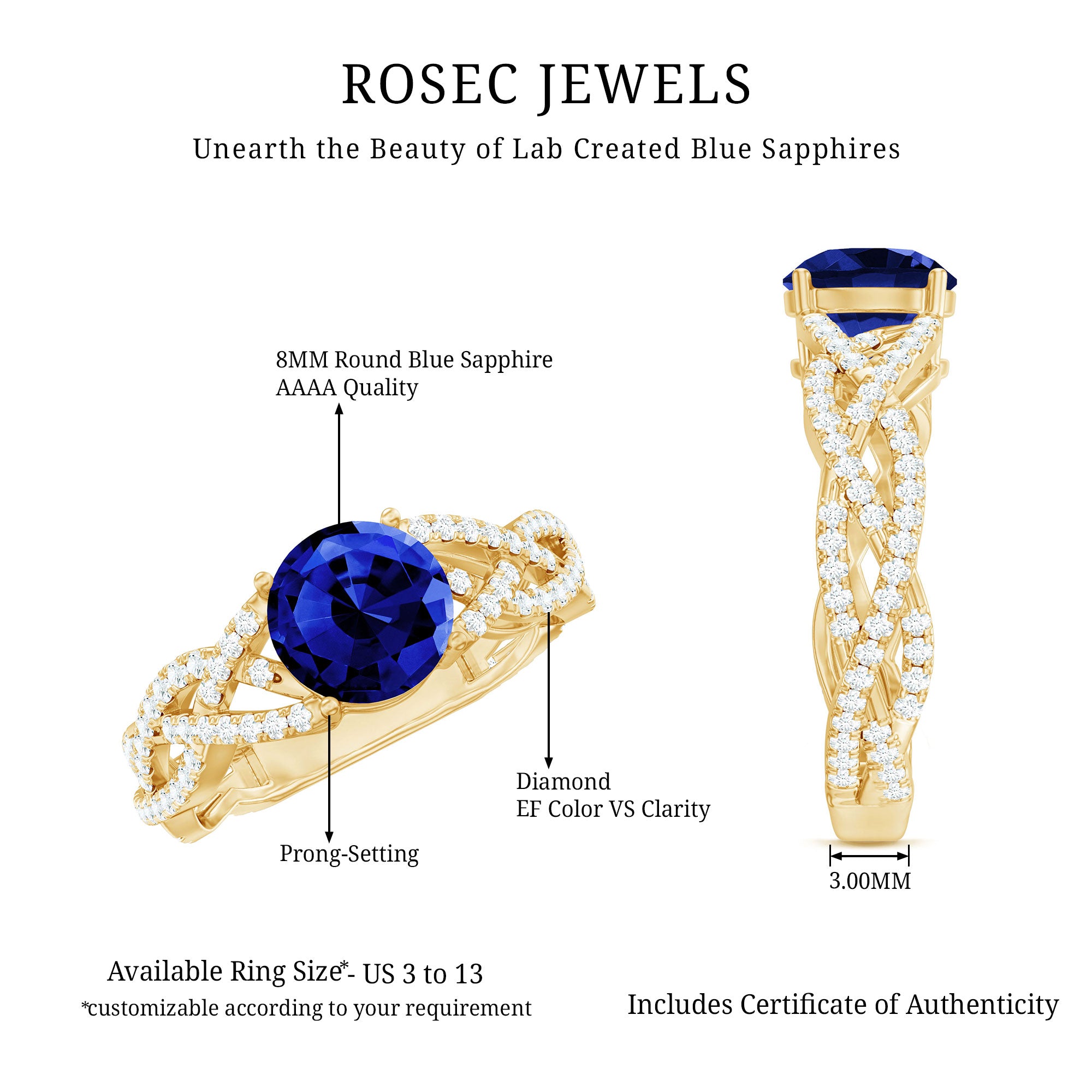 Designer 2.7 Carat Lab Grown Blue Sapphire Engagement Ring with Diamond Criss Cross Shank AAAA - Rosec Jewels