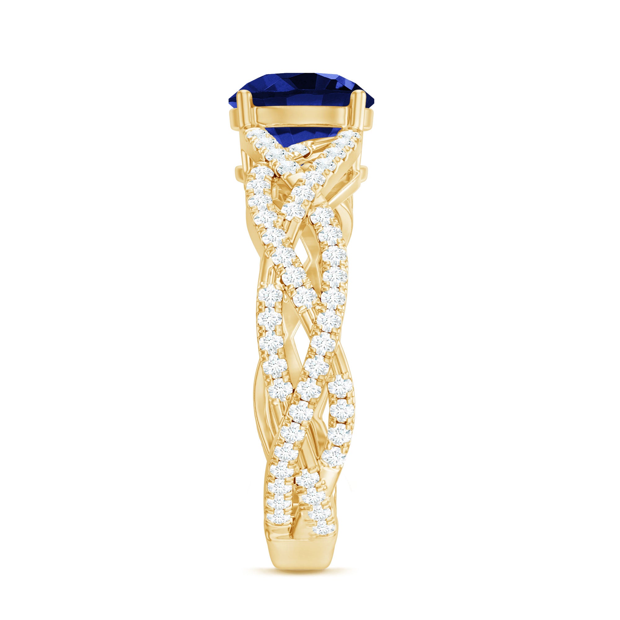 Designer 2.7 Carat Lab Grown Blue Sapphire Engagement Ring with Diamond Criss Cross Shank AAAA - Rosec Jewels