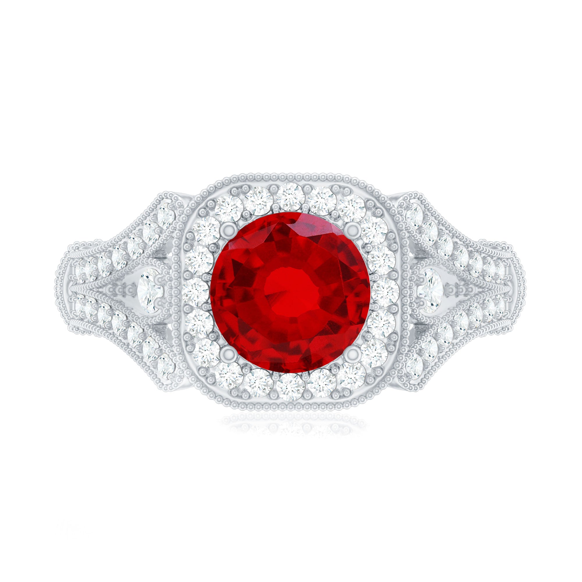 Antique Looking Lab Grown Ruby Engagement Ring with Diamond Halo AAAA - Rosec Jewels