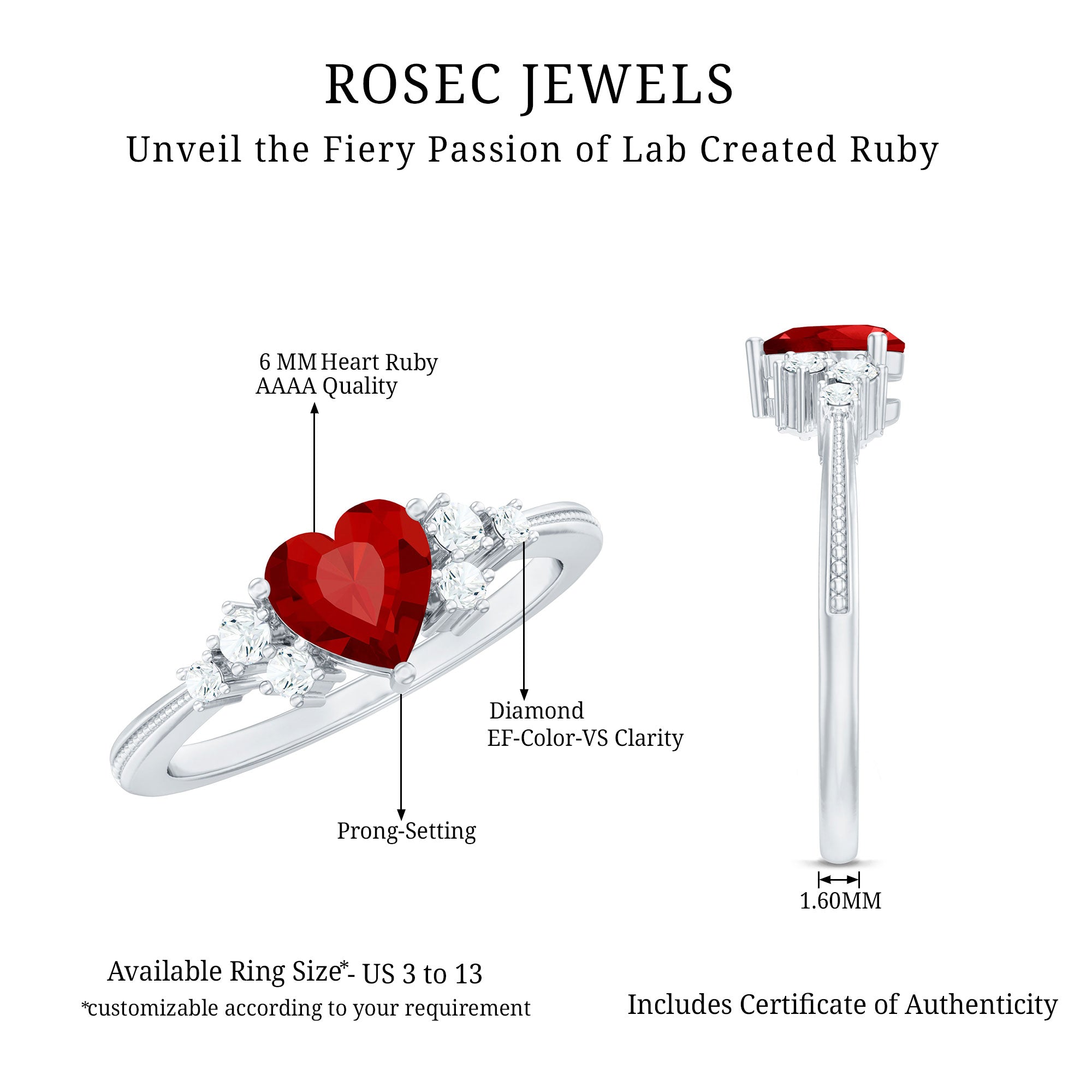 Lab Grown Ruby Heart Promise Ring with Diamond Accent AAAA - Rosec Jewels