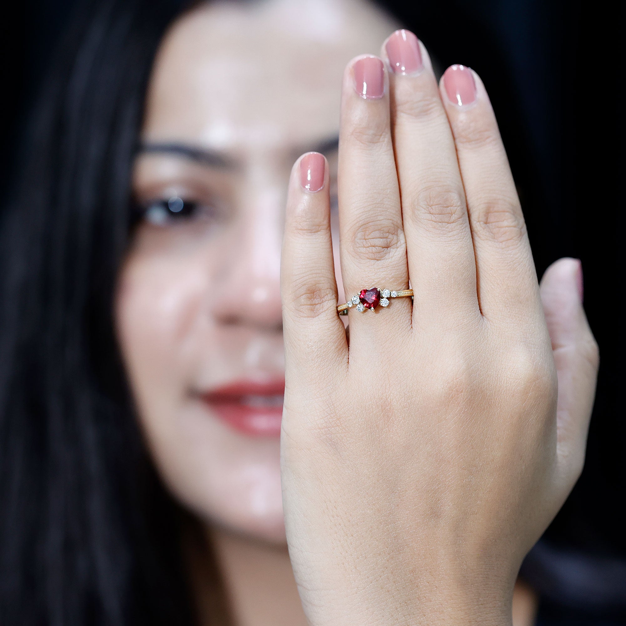 Lab Grown Ruby Heart Promise Ring with Diamond Accent AAAA - Rosec Jewels