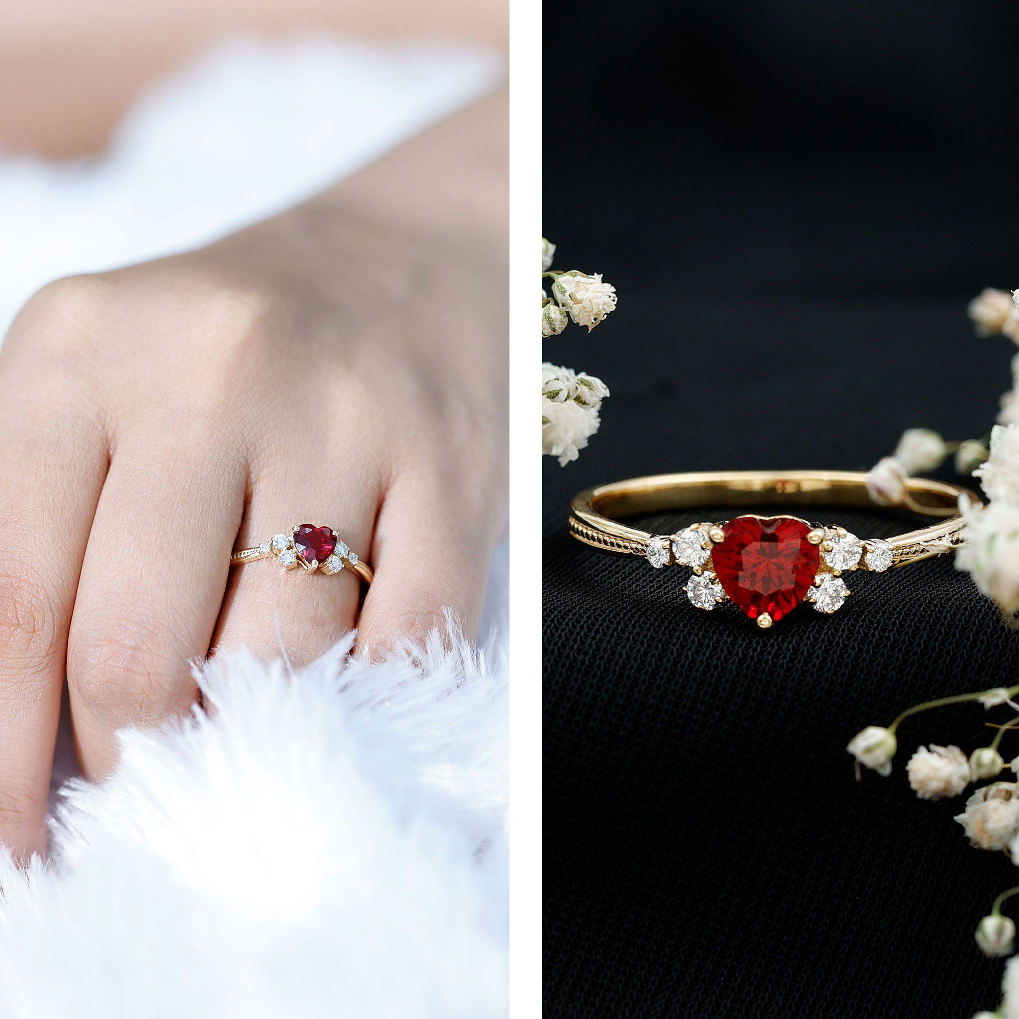 Lab Grown Ruby Heart Promise Ring with Diamond Accent AAAA - Rosec Jewels