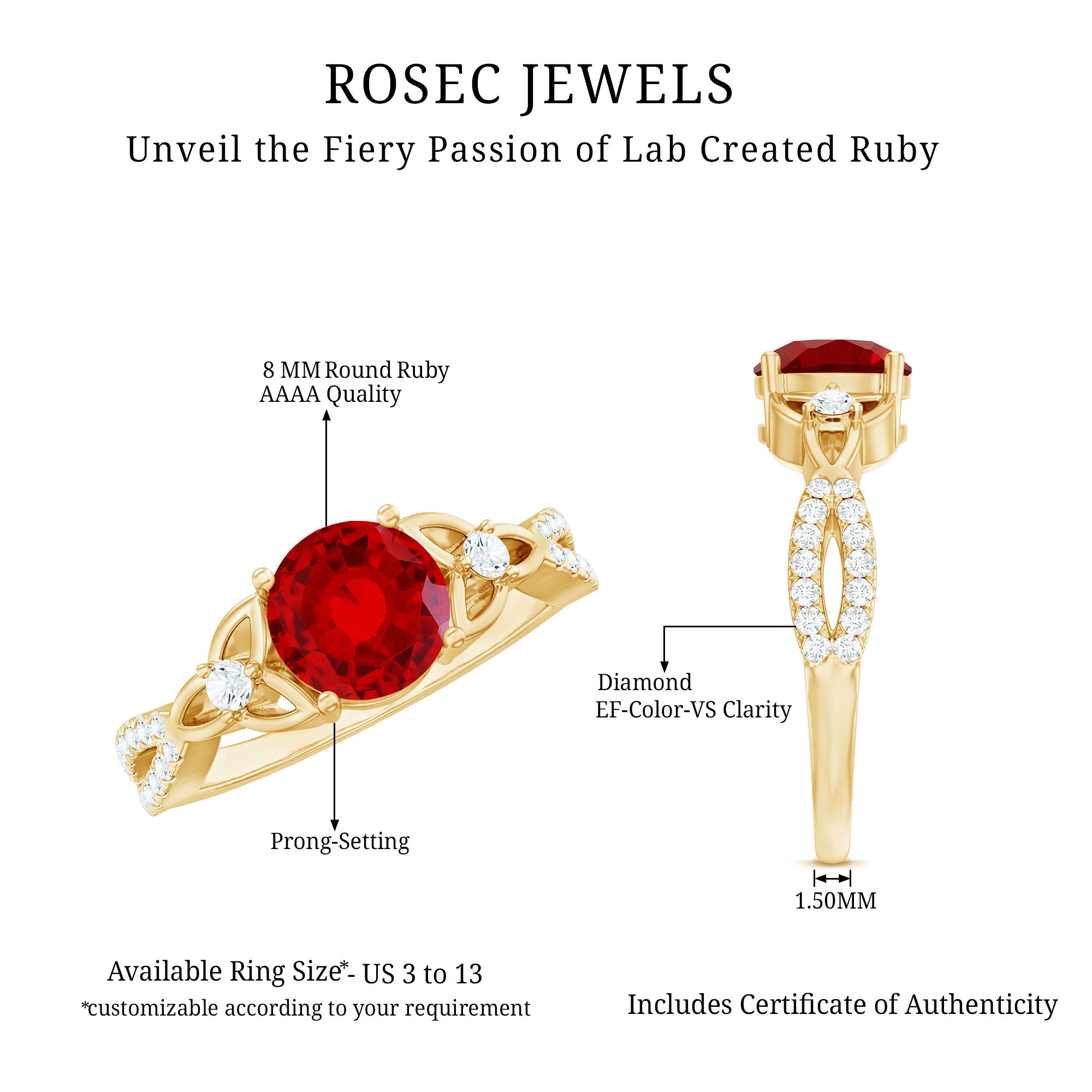 Certified Lab Created Ruby Solitaire Engagement Ring with Diamonds AAAA - Rosec Jewels
