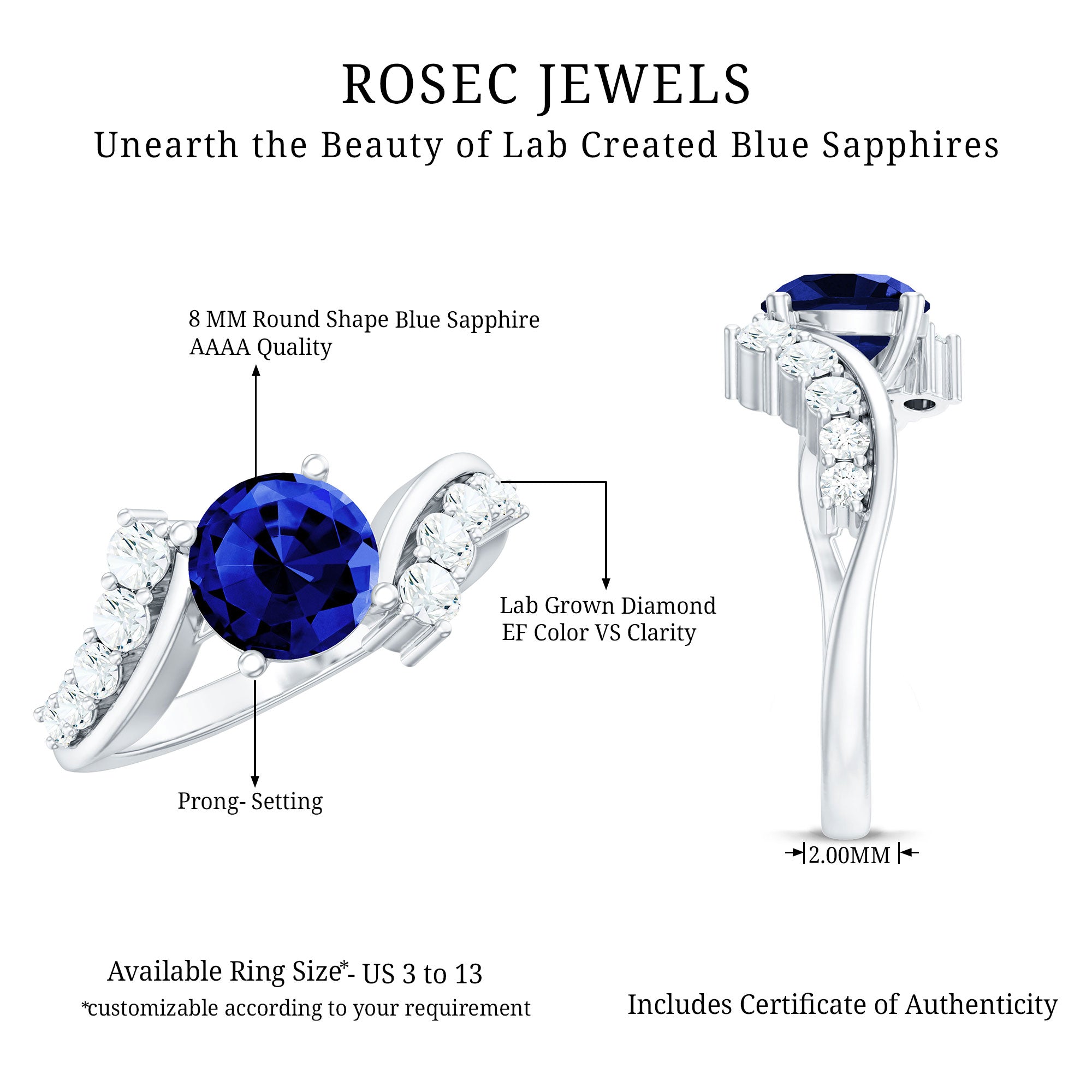 Certified 2.7 Carat Lab Grown Blue Sapphire Engagement Ring with Diamond Bypass Shank AAAA - Rosec Jewels