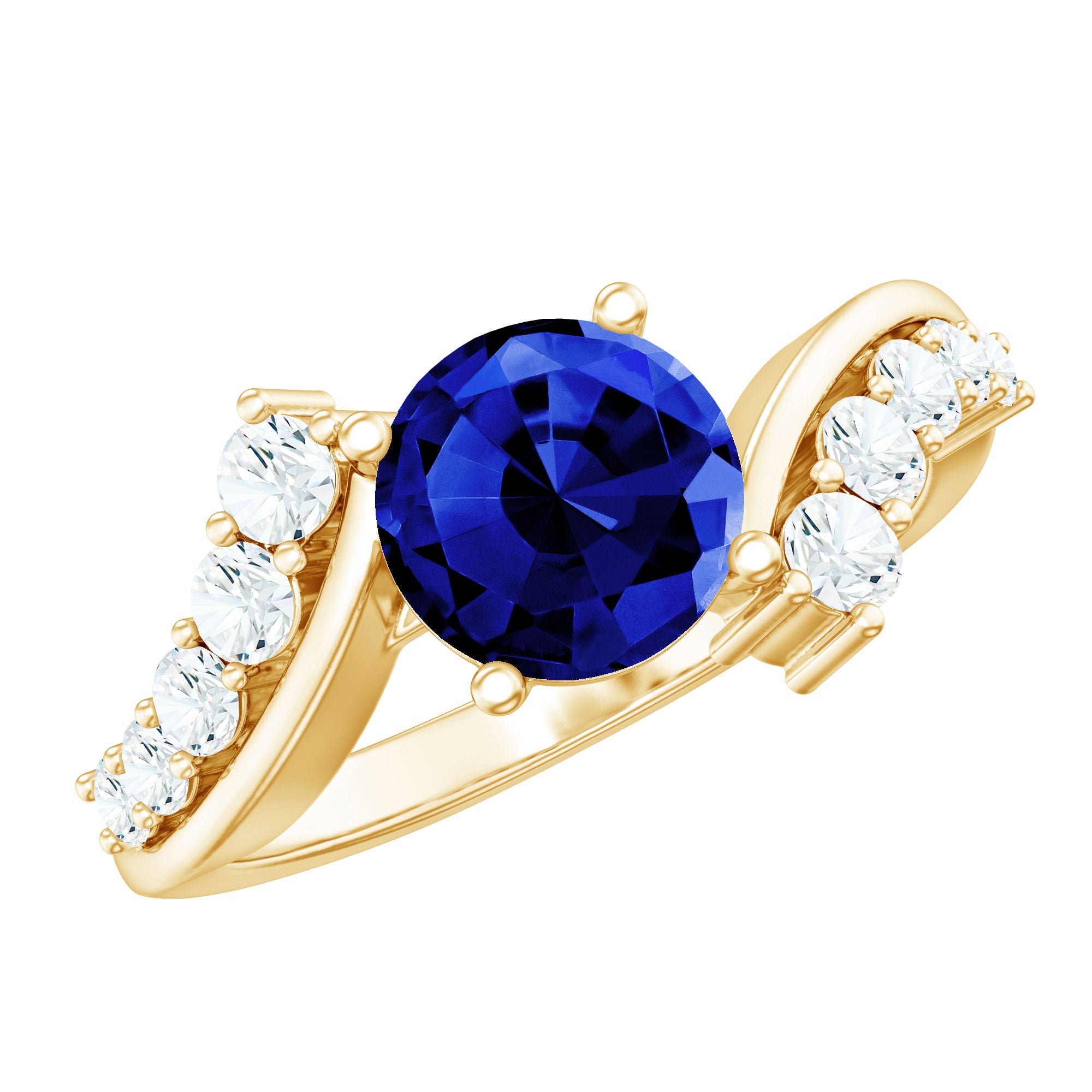Certified 2.7 Carat Lab Grown Blue Sapphire Engagement Ring with Diamond Bypass Shank AAAA - Rosec Jewels