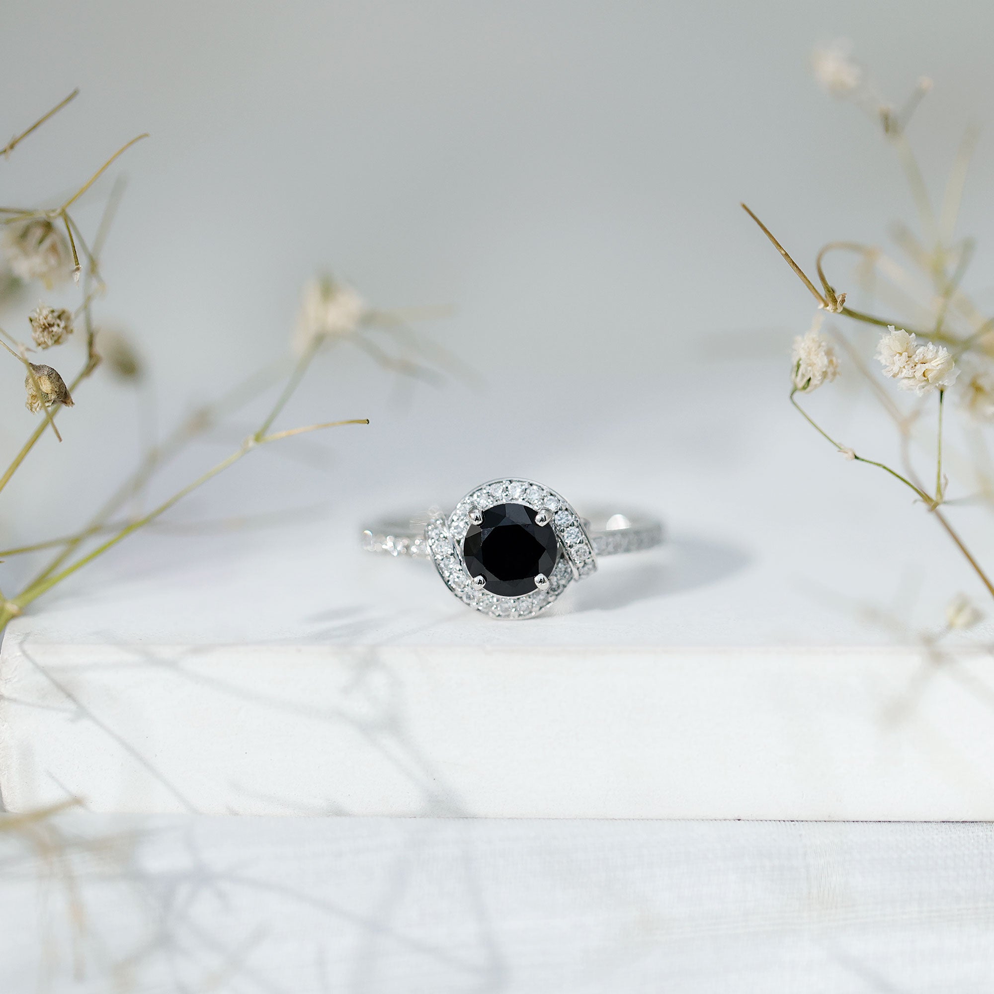 1.6 Carat Lab Grown Black Diamond Engagement Ring with White Diamond Halo AAAA ( Synthetic ) - Rosec Jewels