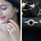 1.6 Carat Lab Grown Black Diamond Engagement Ring with White Diamond Halo AAAA ( Synthetic ) - Rosec Jewels