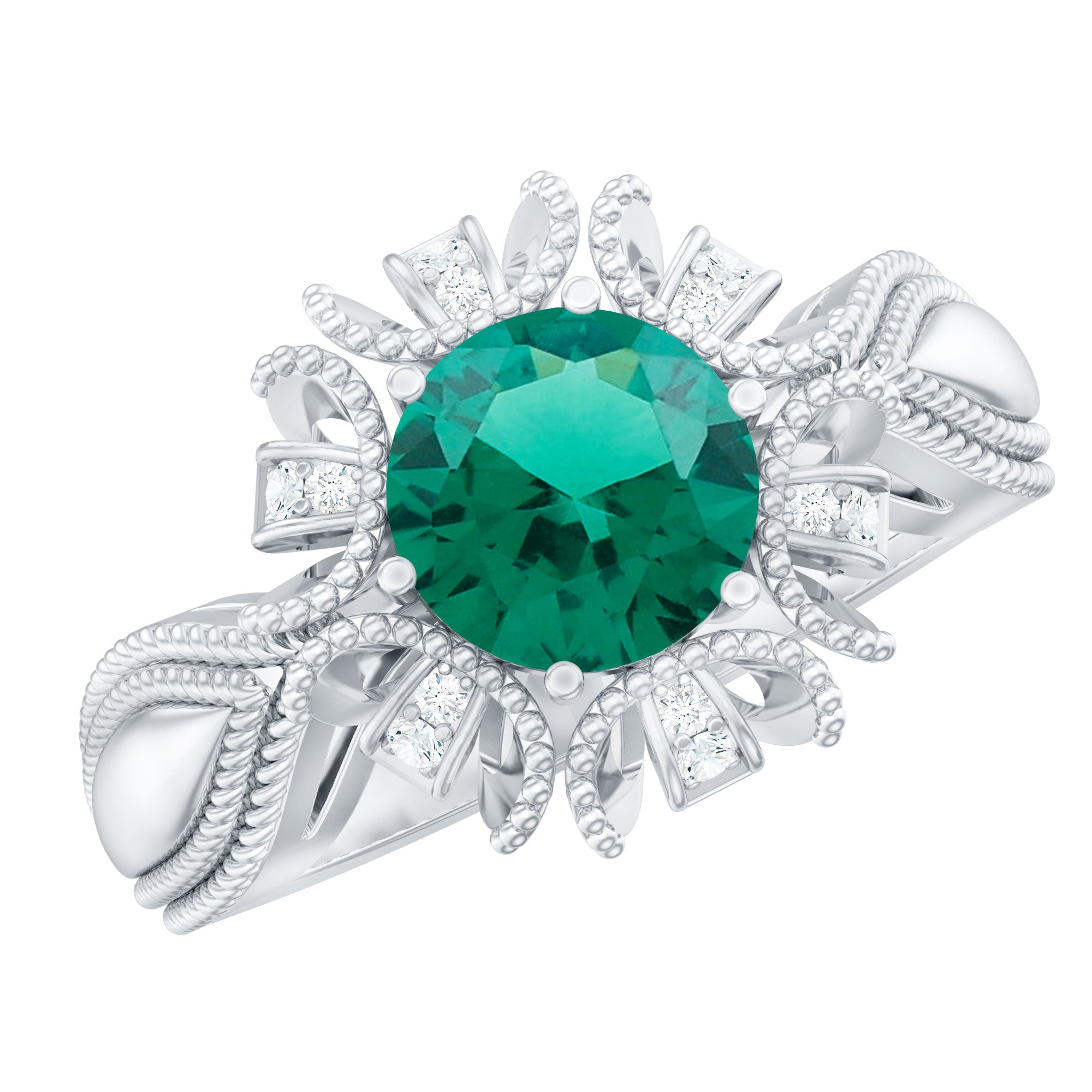 Lab Grown Emerald Vintage Style Flower Engagement Ring With Diamond