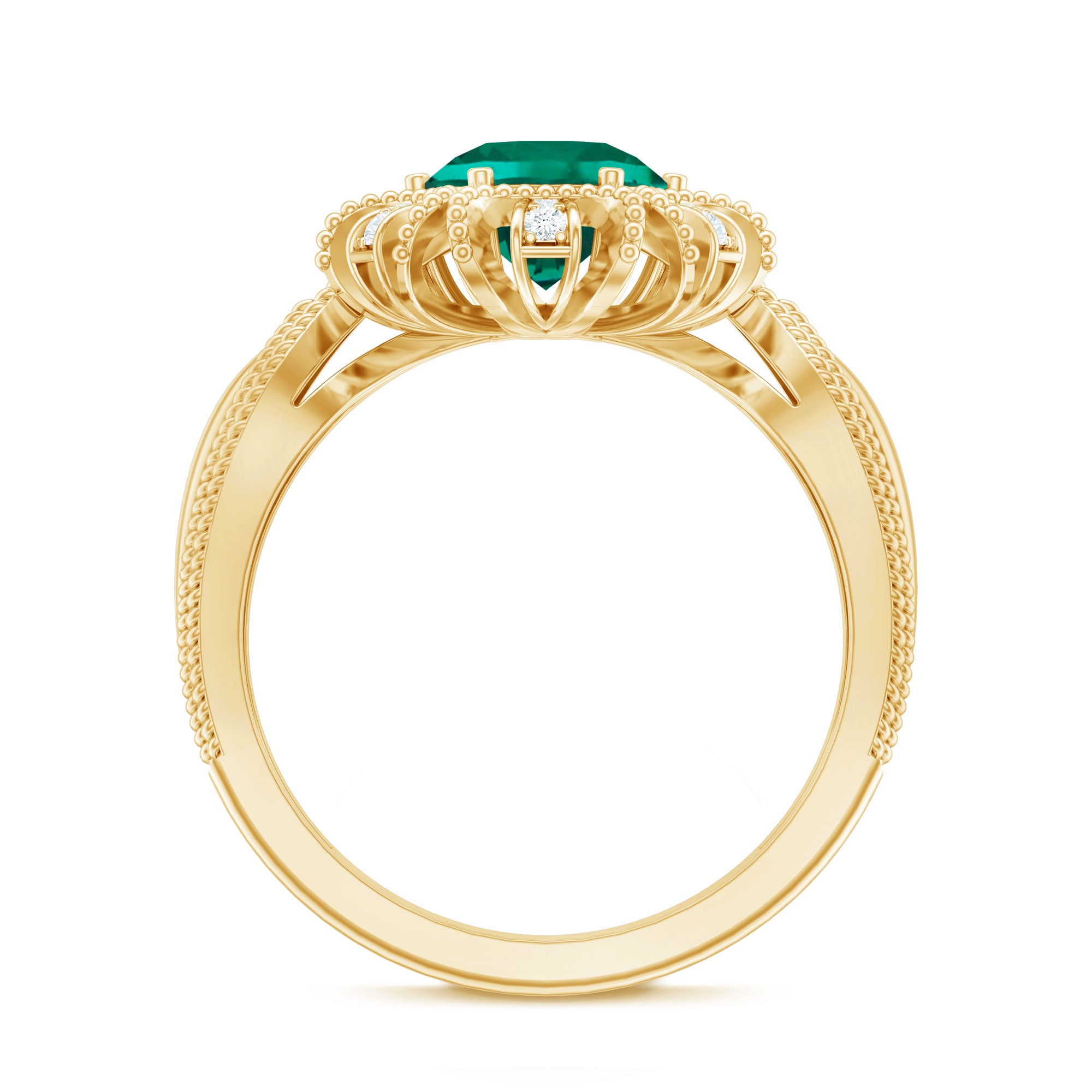 Lab Grown Emerald Vintage Style Flower Engagement Ring With Diamond AAAA - Rosec Jewels