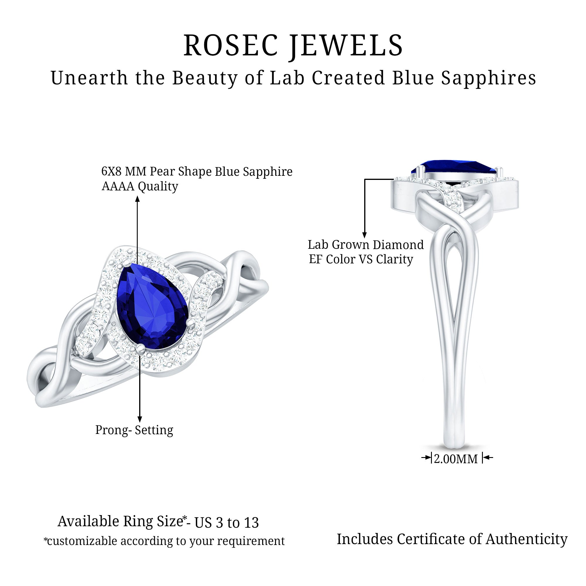 Certified 1.6 Carat Lab Grown Blue Sapphire Diamond Teardrop Engagement Ring with Crossover Shank AAAA - Rosec Jewels