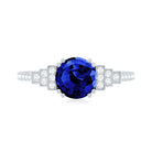 Vintage Style 2.7 Carat Lab Grown Blue Sapphire Engagement Ring with Diamond Side Stone AAAA - Rosec Jewels