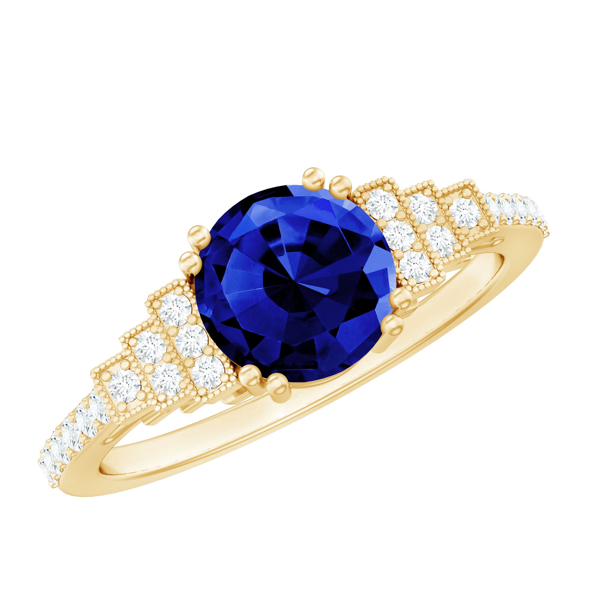 Vintage Style 2.7 Carat Lab Grown Blue Sapphire Engagement Ring with Diamond Side Stone AAAA - Rosec Jewels