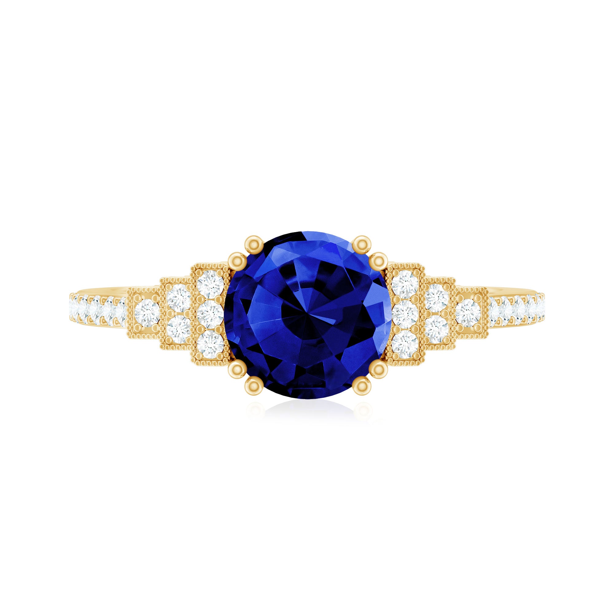 Vintage Style 2.7 Carat Lab Grown Blue Sapphire Engagement Ring with Diamond Side Stone AAAA - Rosec Jewels