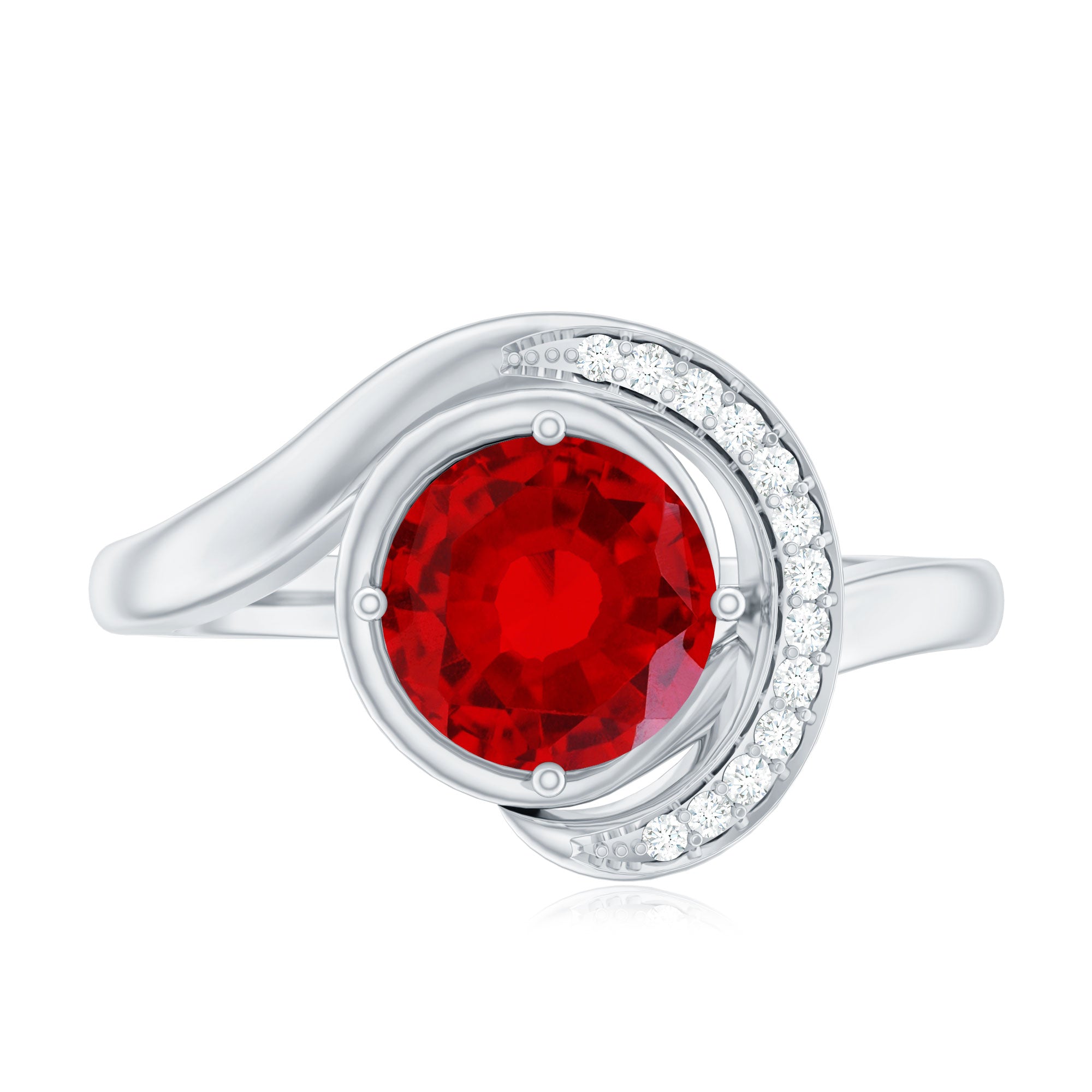Certified 7MM Lab Created Ruby Engagement Ring with Diamond Half Halo AAAA - Rosec Jewels