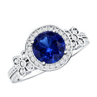 Certified 2.7 Carat Lab Grown Blue Sapphire Halo Engagement Ring with Diamond Flower AAAA - Rosec Jewels