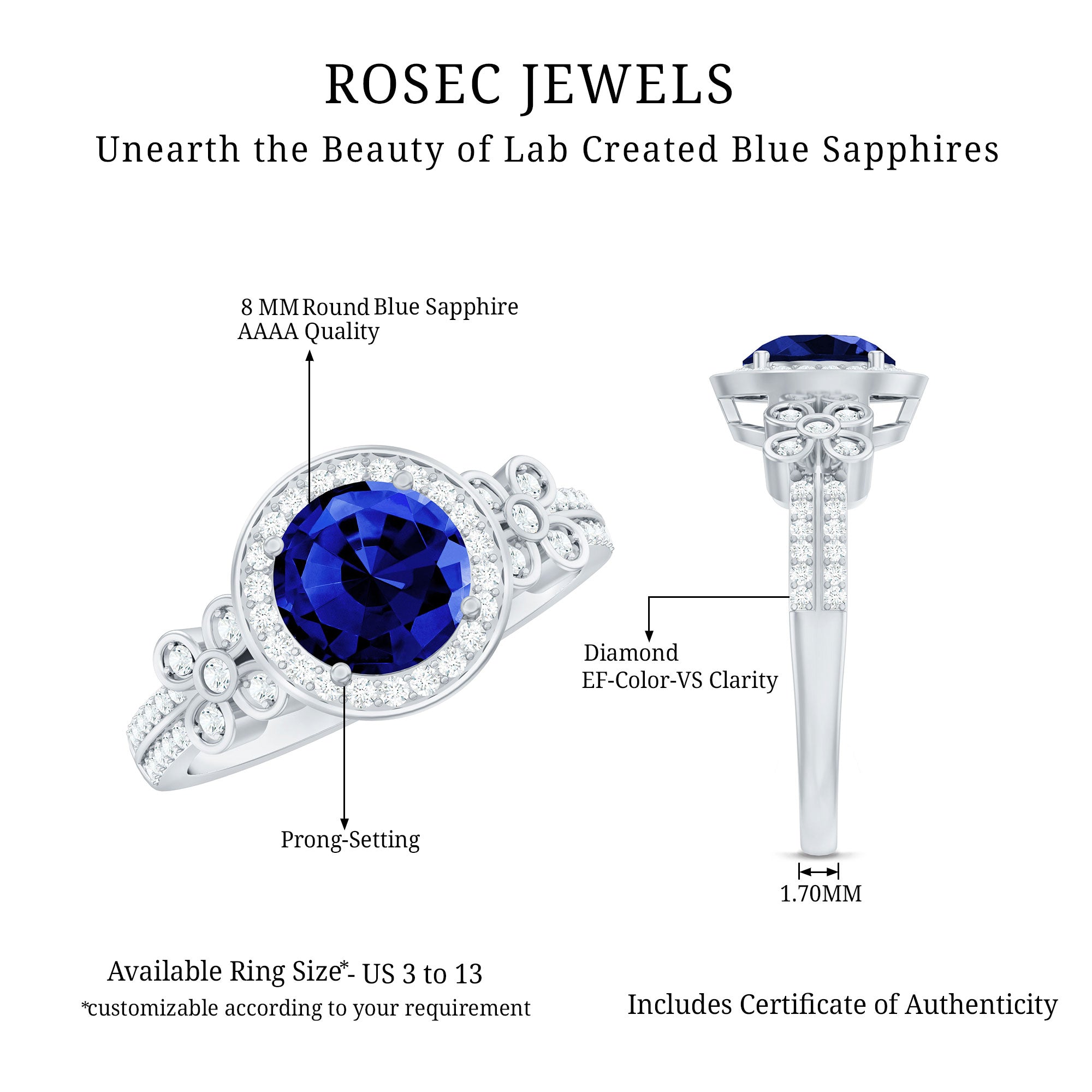 Certified 2.7 Carat Lab Grown Blue Sapphire Halo Engagement Ring with Diamond Flower AAAA - Rosec Jewels