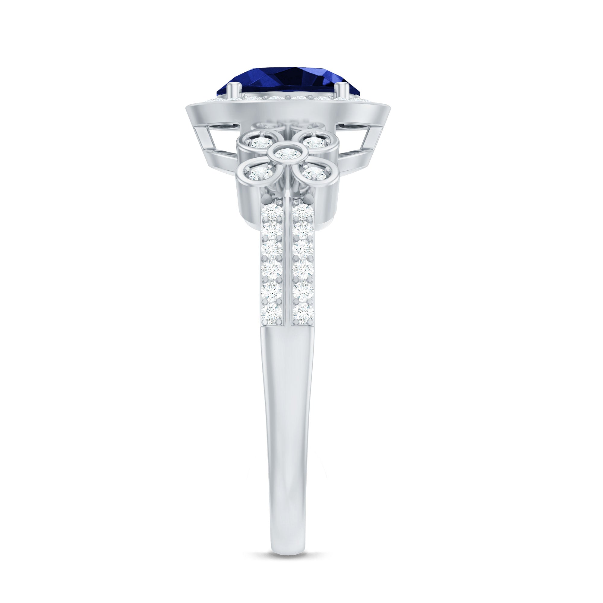 Certified 2.7 Carat Lab Grown Blue Sapphire Halo Engagement Ring with Diamond Flower AAAA - Rosec Jewels