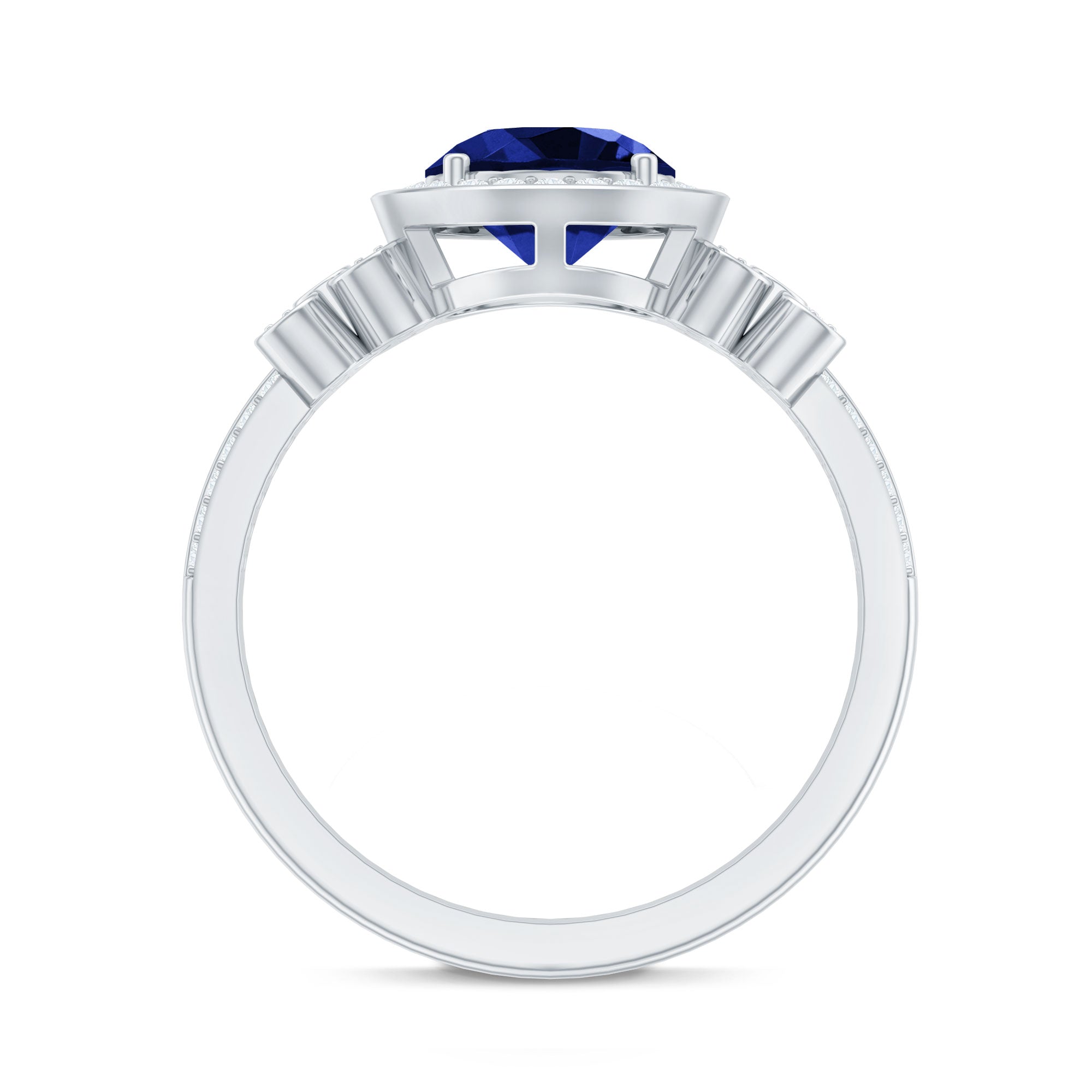 Certified 2.7 Carat Lab Grown Blue Sapphire Halo Engagement Ring with Diamond Flower AAAA - Rosec Jewels