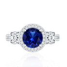 Certified 2.7 Carat Lab Grown Blue Sapphire Halo Engagement Ring with Diamond Flower AAAA - Rosec Jewels