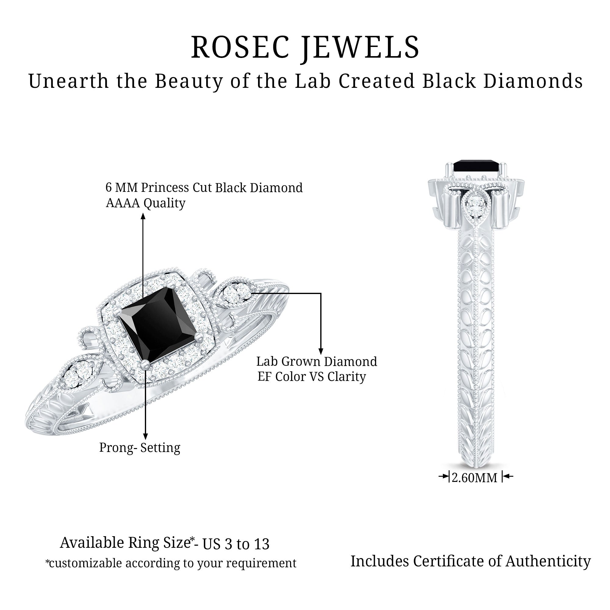 Vintage Looking 1 Carat Lab Grown Black and White Diamond Engagement Ring AAAA ( Synthetic ) - Rosec Jewels