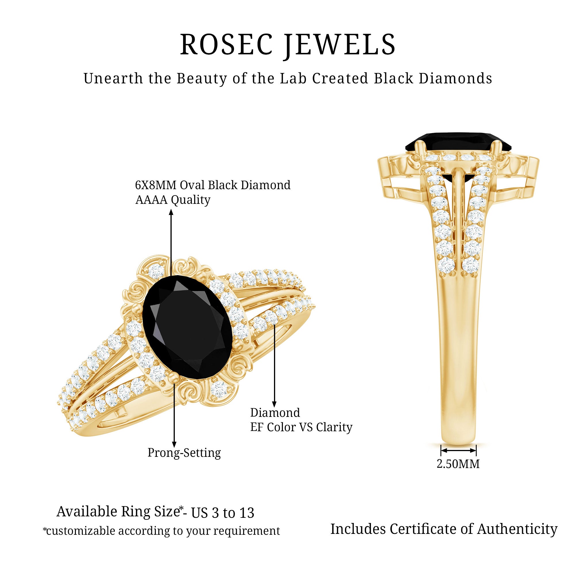 Rosec Jewels-Vintage Style 1.9 Carat Lab Grown Black Diamond Oval Engagement Ring with Diamond Halo
