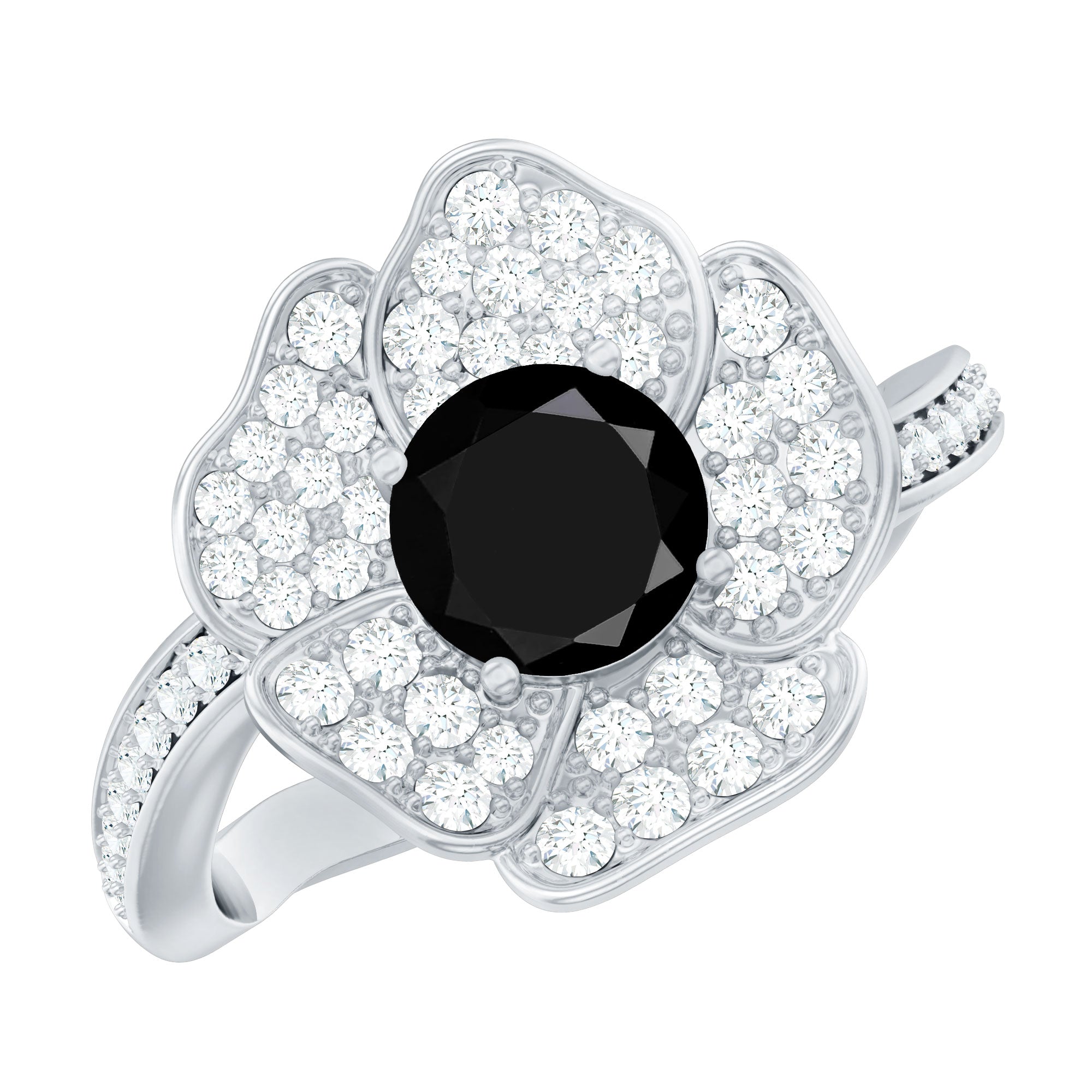 Lab Grown Black Diamond Flower Engagement Ring with Diamond Accent