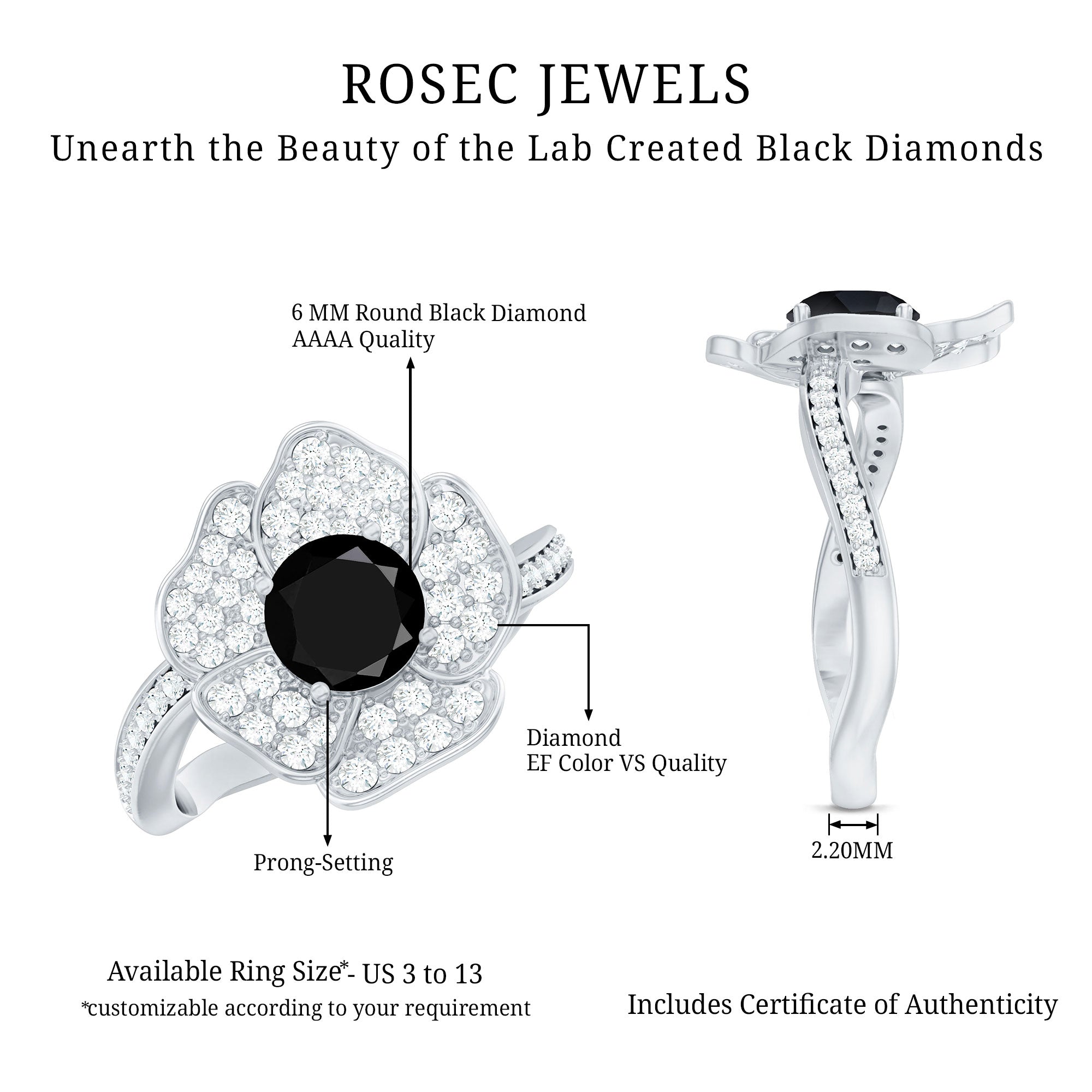 1.3 Carat Lab Grown Black Diamond Flower Engagement Ring with White Diamond AAAA ( Synthetic ) - Rosec Jewels